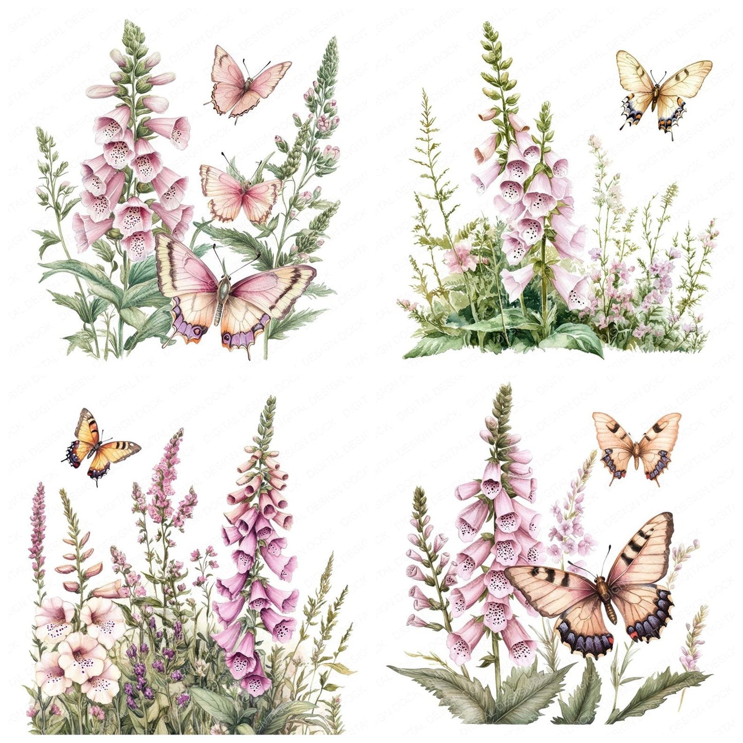 Foxgloves and Butterflies Clipart Set (DDD005648)