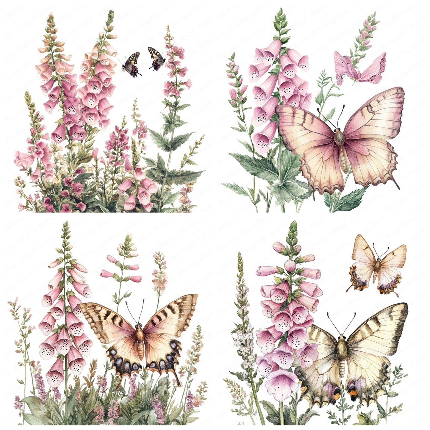 Foxgloves and Butterflies Clipart Set (DDD005648)