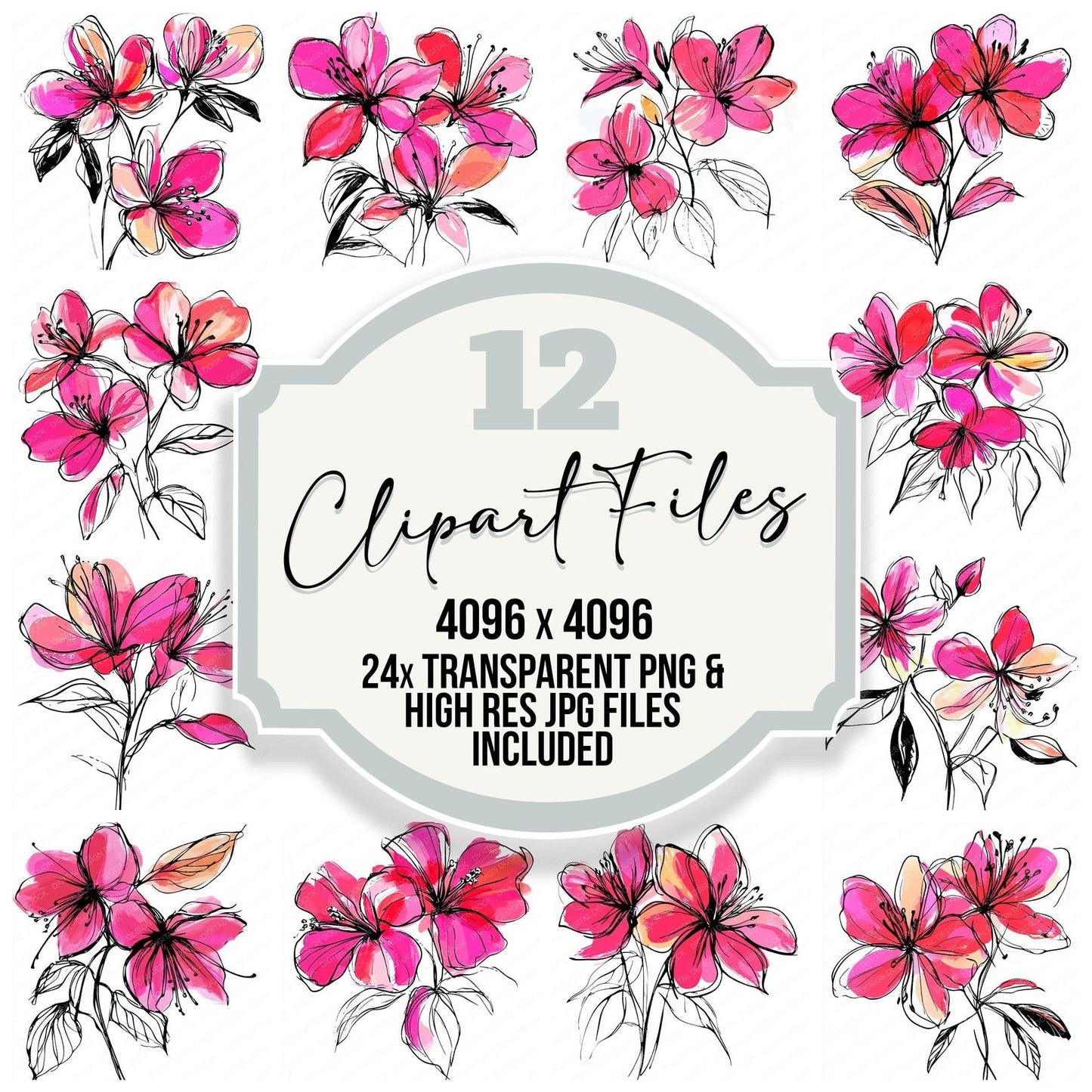 Fuchsia Abstract Flowers Clipart Set (DDD005660)