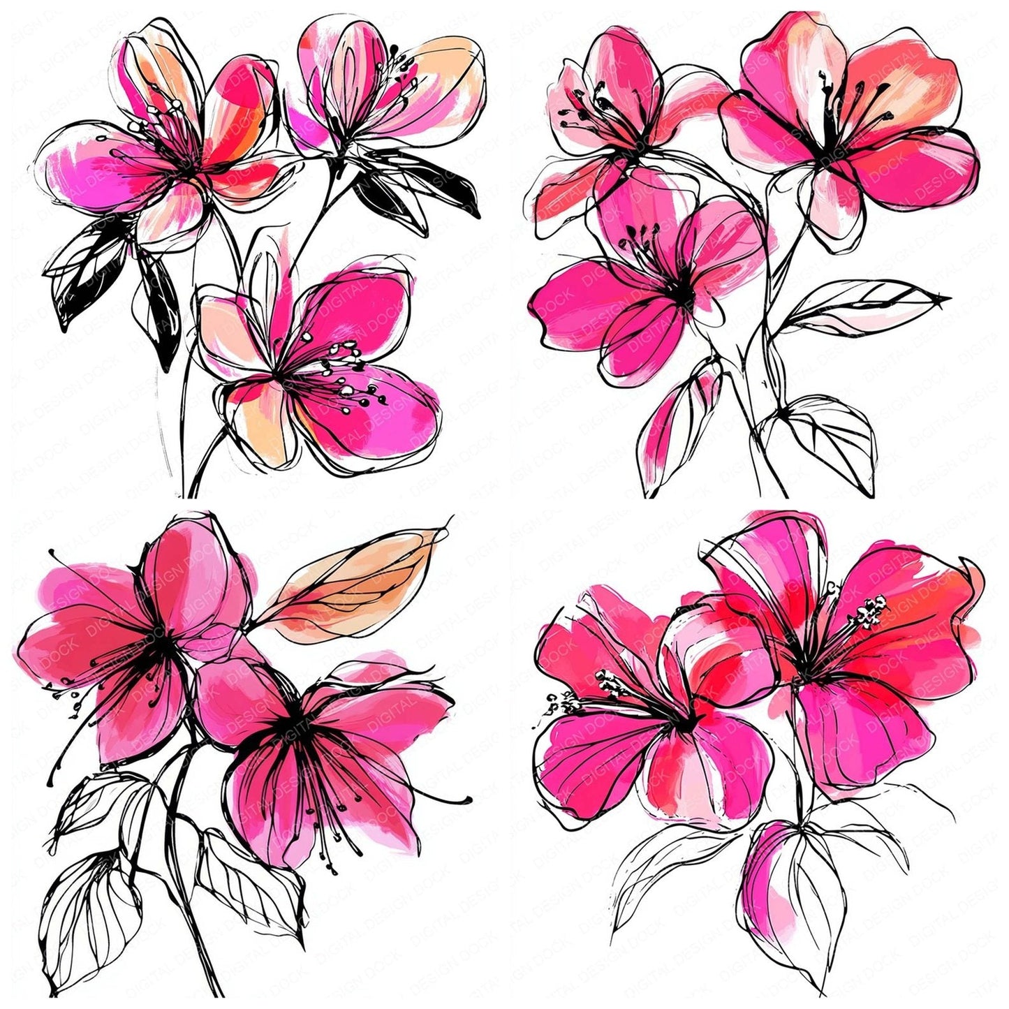 Fuchsia Abstract Flowers Clipart Set (DDD005660)