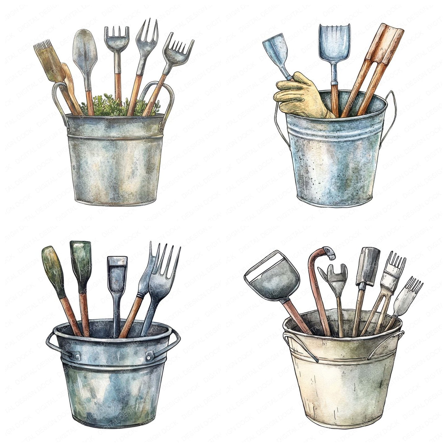 Garden Bucket with Tools Clipart Set (DDD005682)