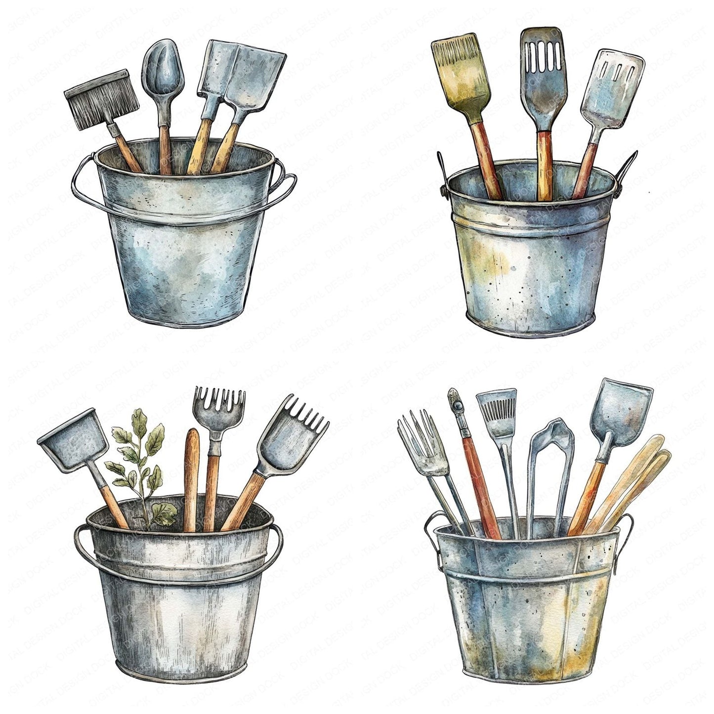 Garden Bucket with Tools Clipart Set (DDD005682)