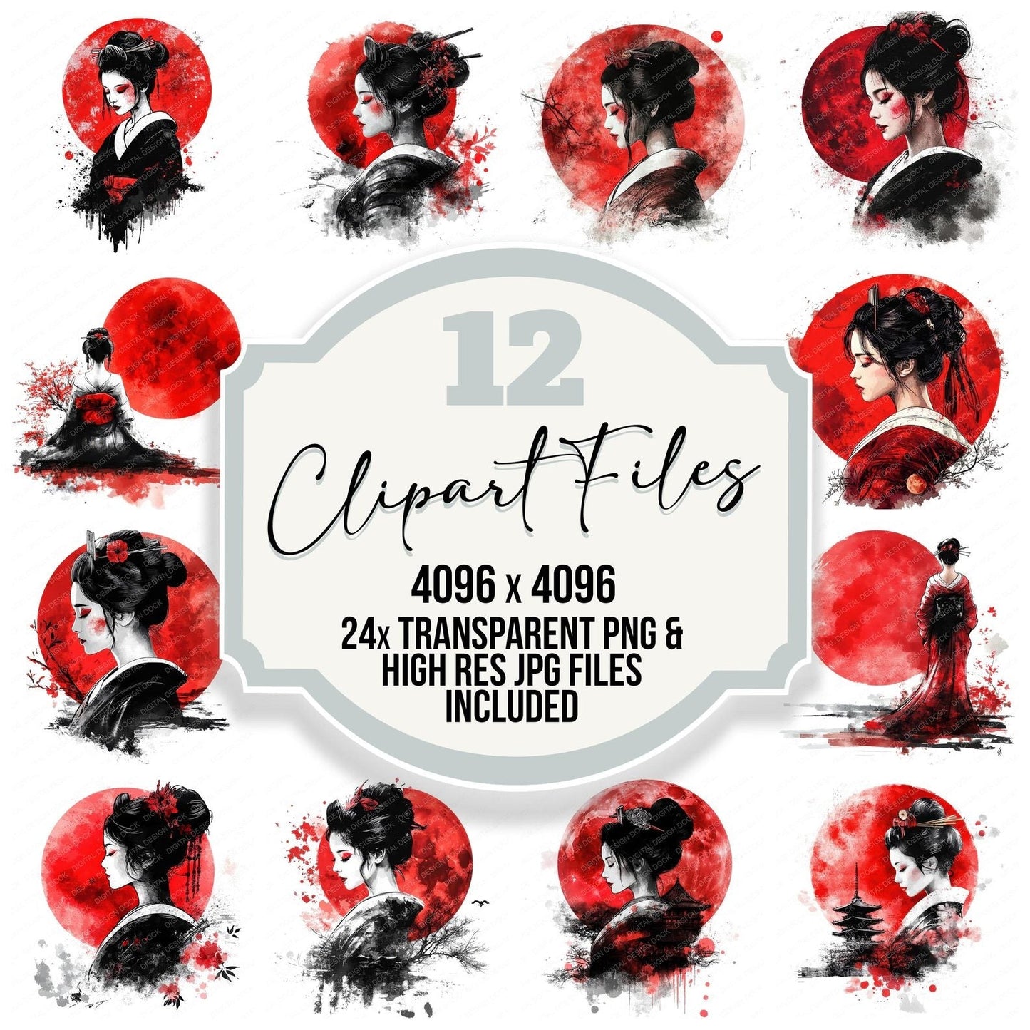 Geisha and Red Moon Clipart Set (DDD005686)