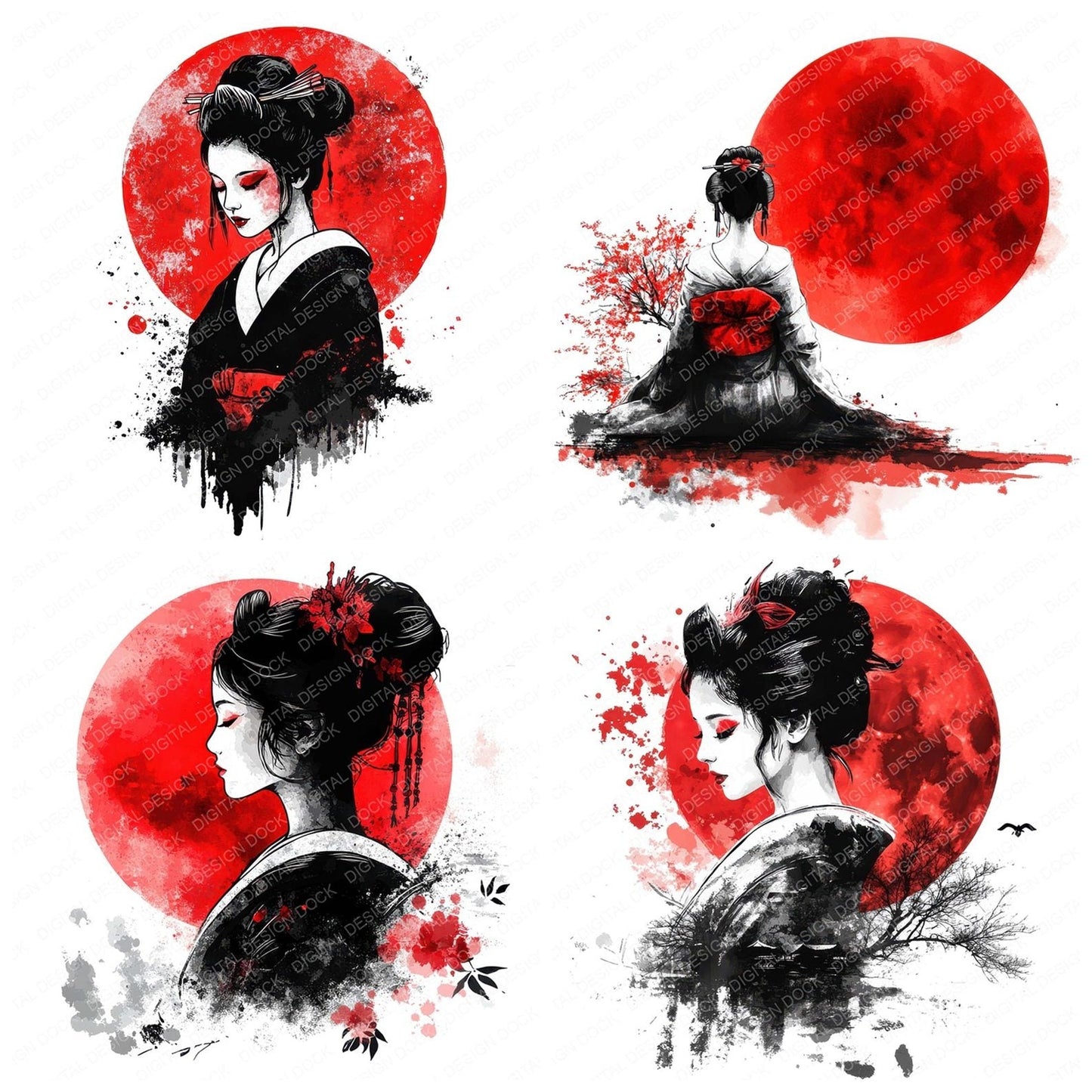 Geisha and Red Moon Clipart Set (DDD005686)