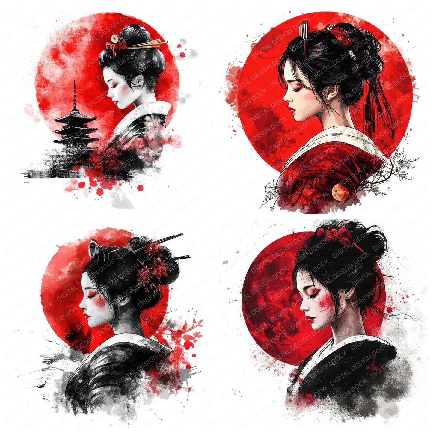 Geisha and Red Moon Clipart Set (DDD005686)