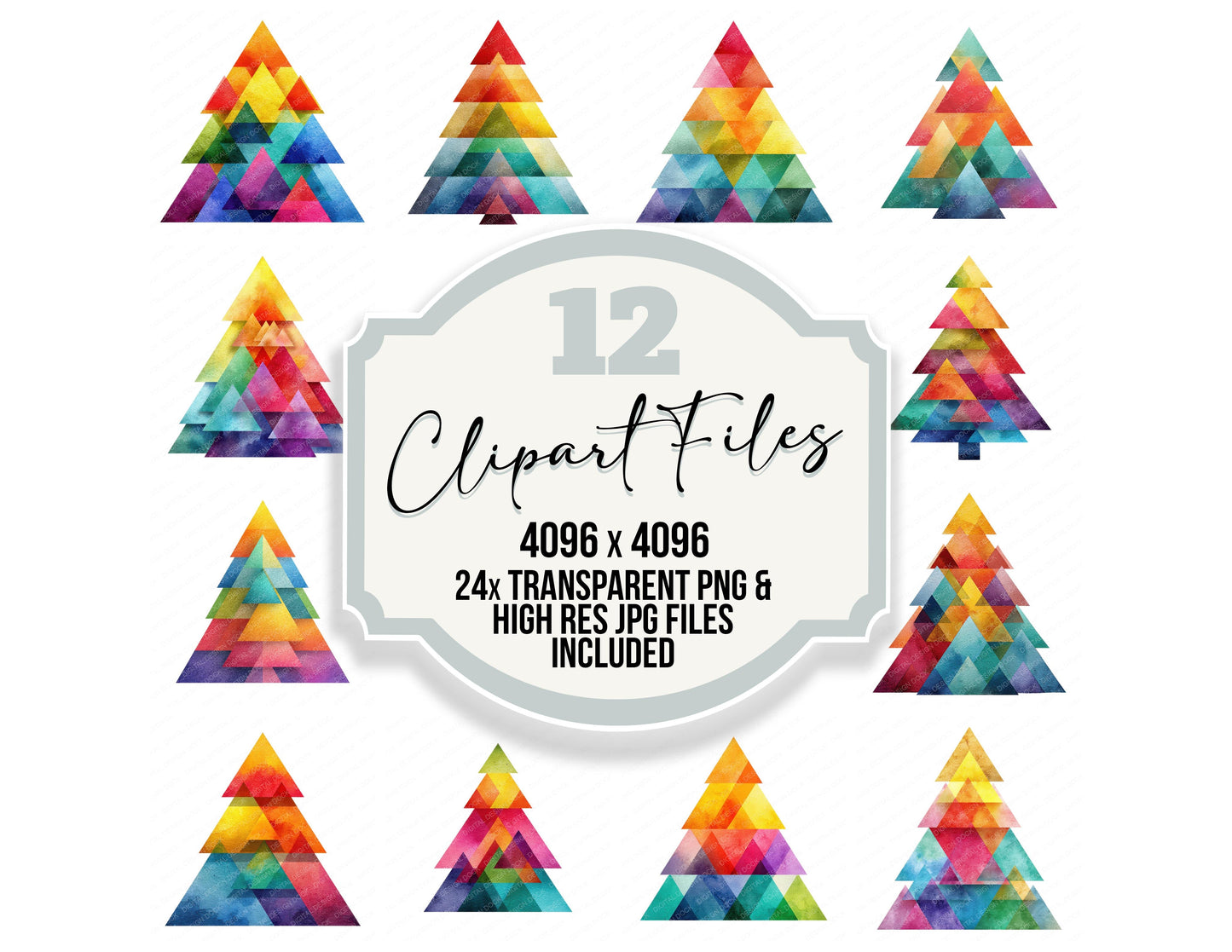 Geometric Rainbow Christmas Tree clipart set with transparent PNGs and high resolution JPGs for crafting and design projects