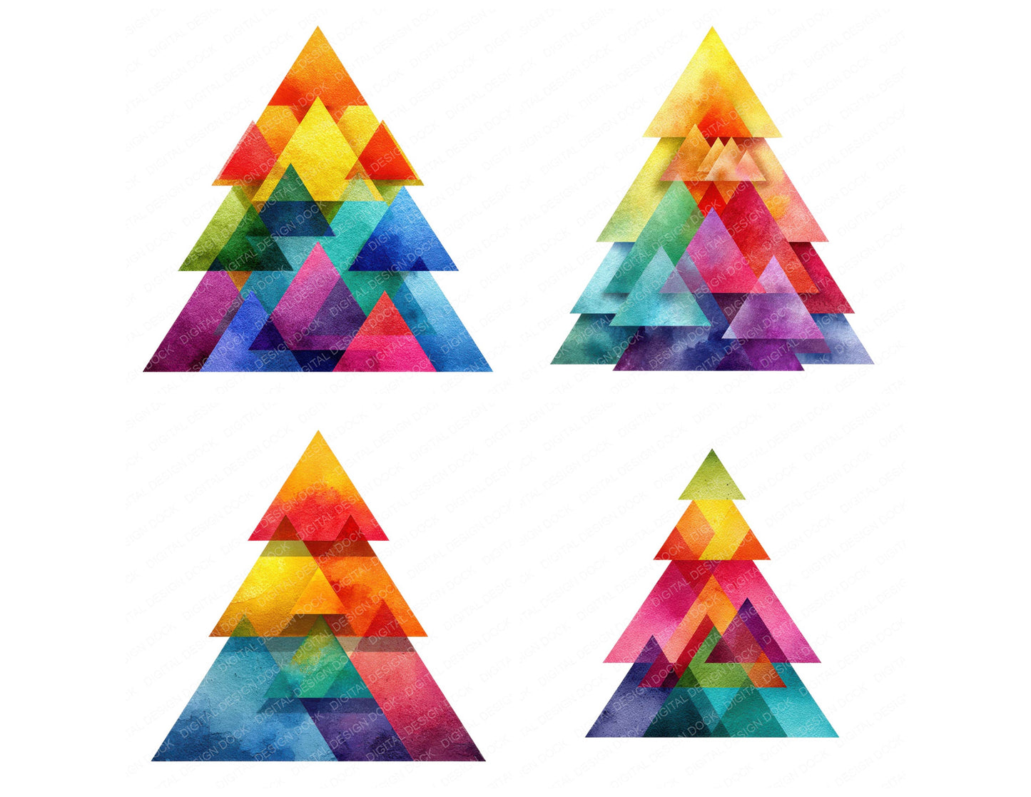 Preview layout showing Geometric Rainbow Christmas Tree clipart elements for scrapbooking, junk journals, and card making
