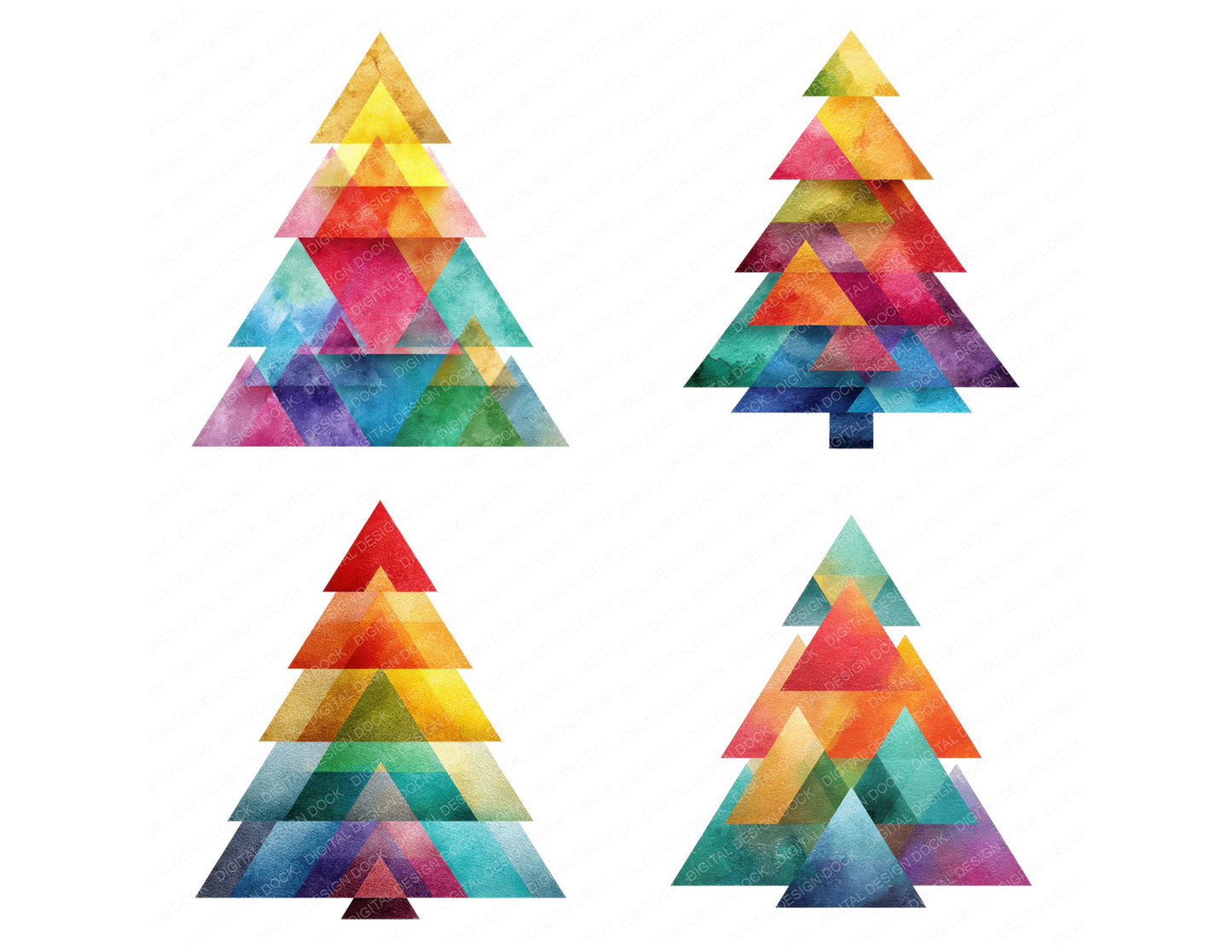 Close view of Geometric Rainbow Christmas Tree clipart highlighting illustration detail and cohesive colour tones