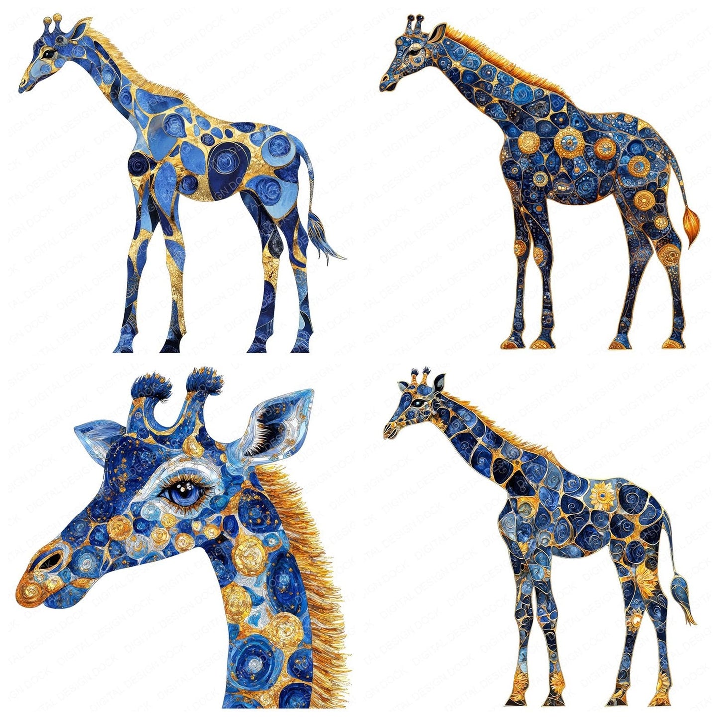 Giraffe Baroque Blue and Gold Clipart Set (DDD005698)