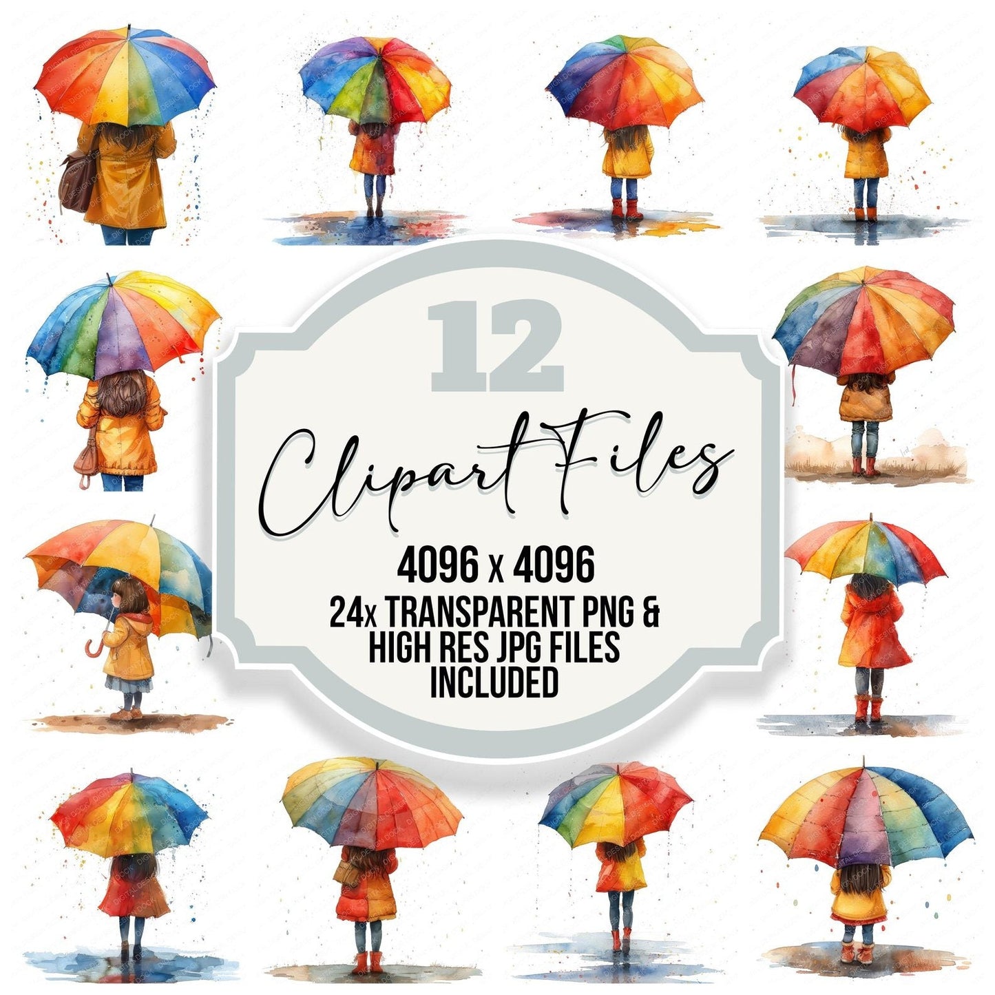 Girl Holding Rainbow Coloured Umbrella Clipart Set (DDD005703)