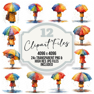 Girl Holding Rainbow Coloured Umbrella clipart set cover showing the designs and file details