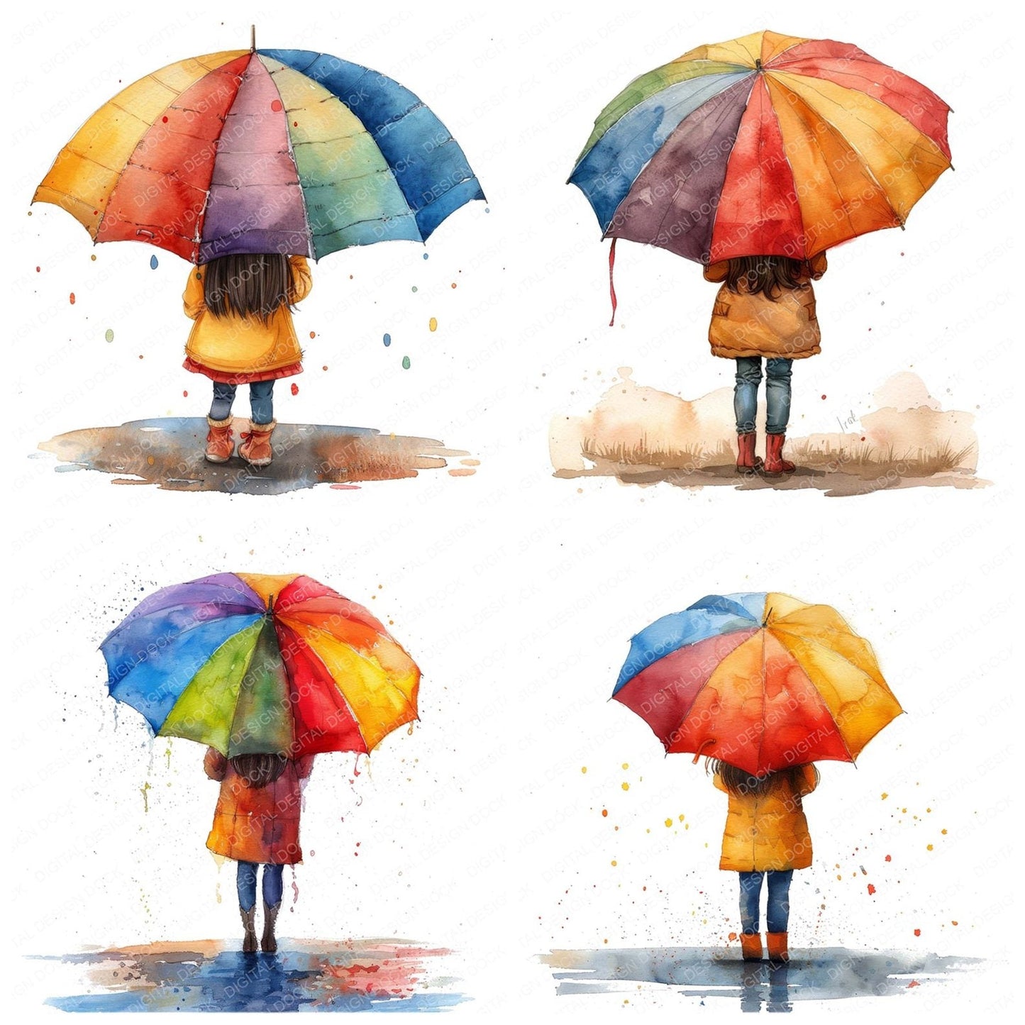 Girl Holding Rainbow Coloured Umbrella Clipart Set (DDD005703)