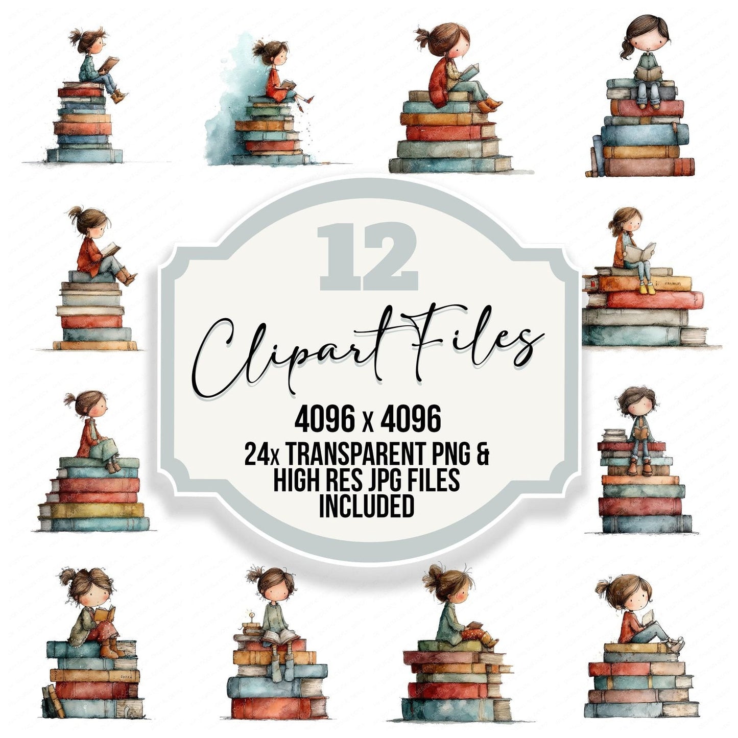 Girl Reading on Pile of Books Clipart Set (DDD005705)