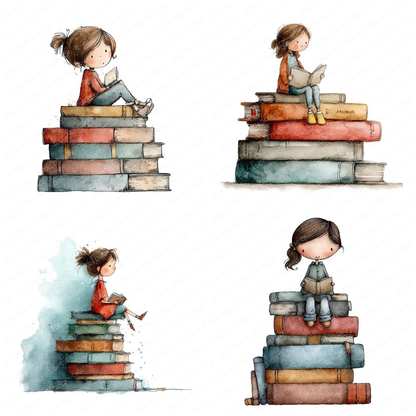 Girl Reading on Pile of Books Clipart Set (DDD005705)