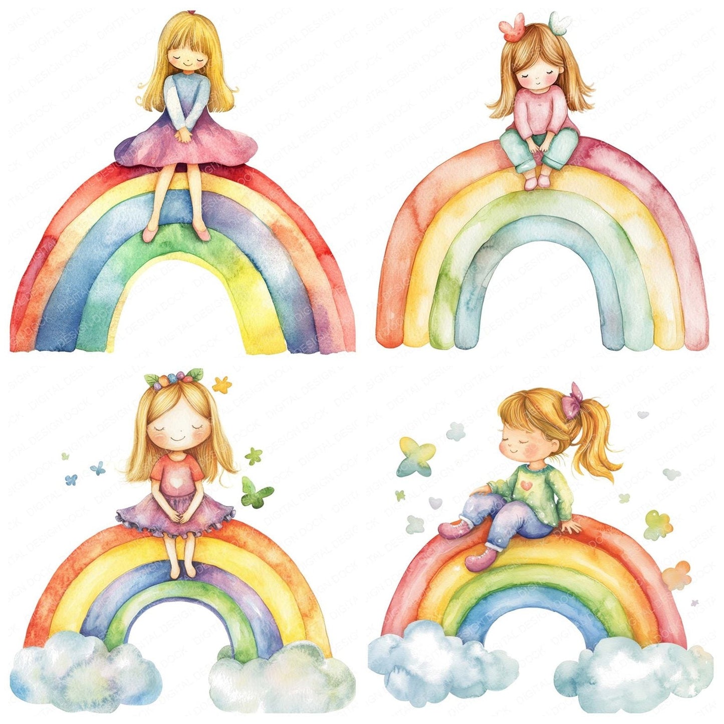 Girl Sat on a Rainbow Clipart Set (DDD005707)