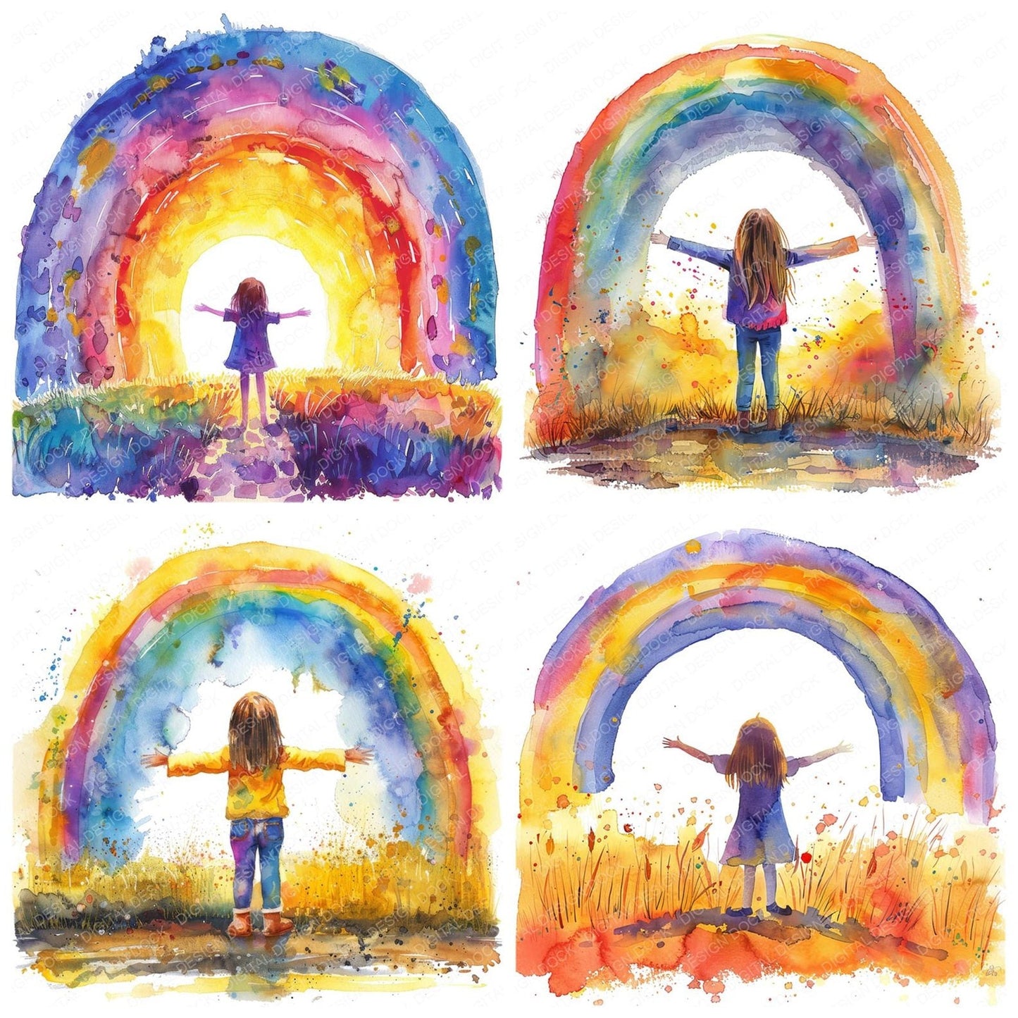 Girl Standing Under Rainbow Clipart Set (DDD005709)