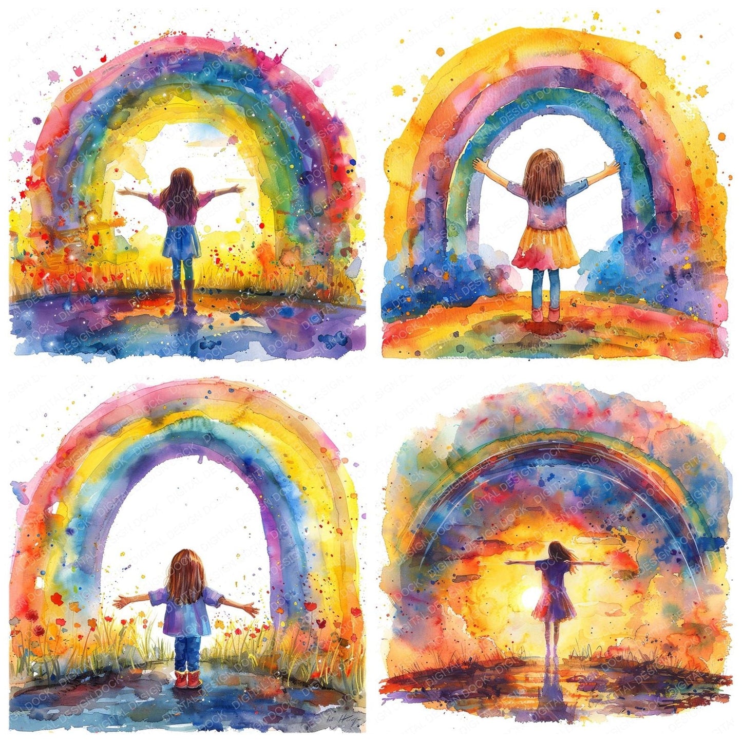 Girl Standing Under Rainbow Clipart Set (DDD005709)