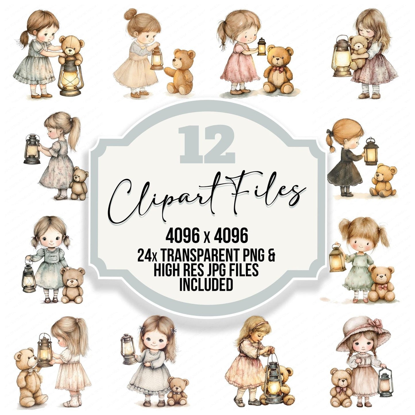 Girl with Lantern and Teddy Clipart Set (DDD005710)
