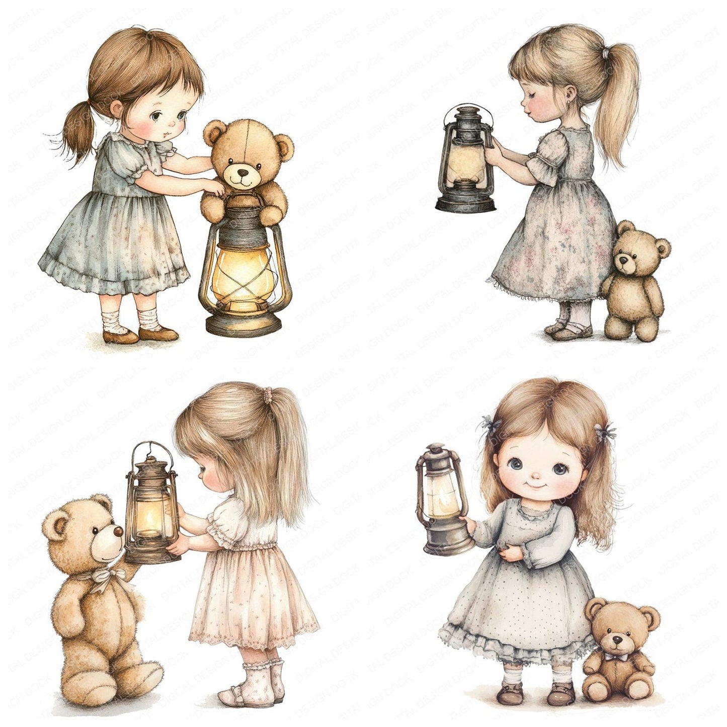 Girl with Lantern and Teddy Clipart Set (DDD005710)