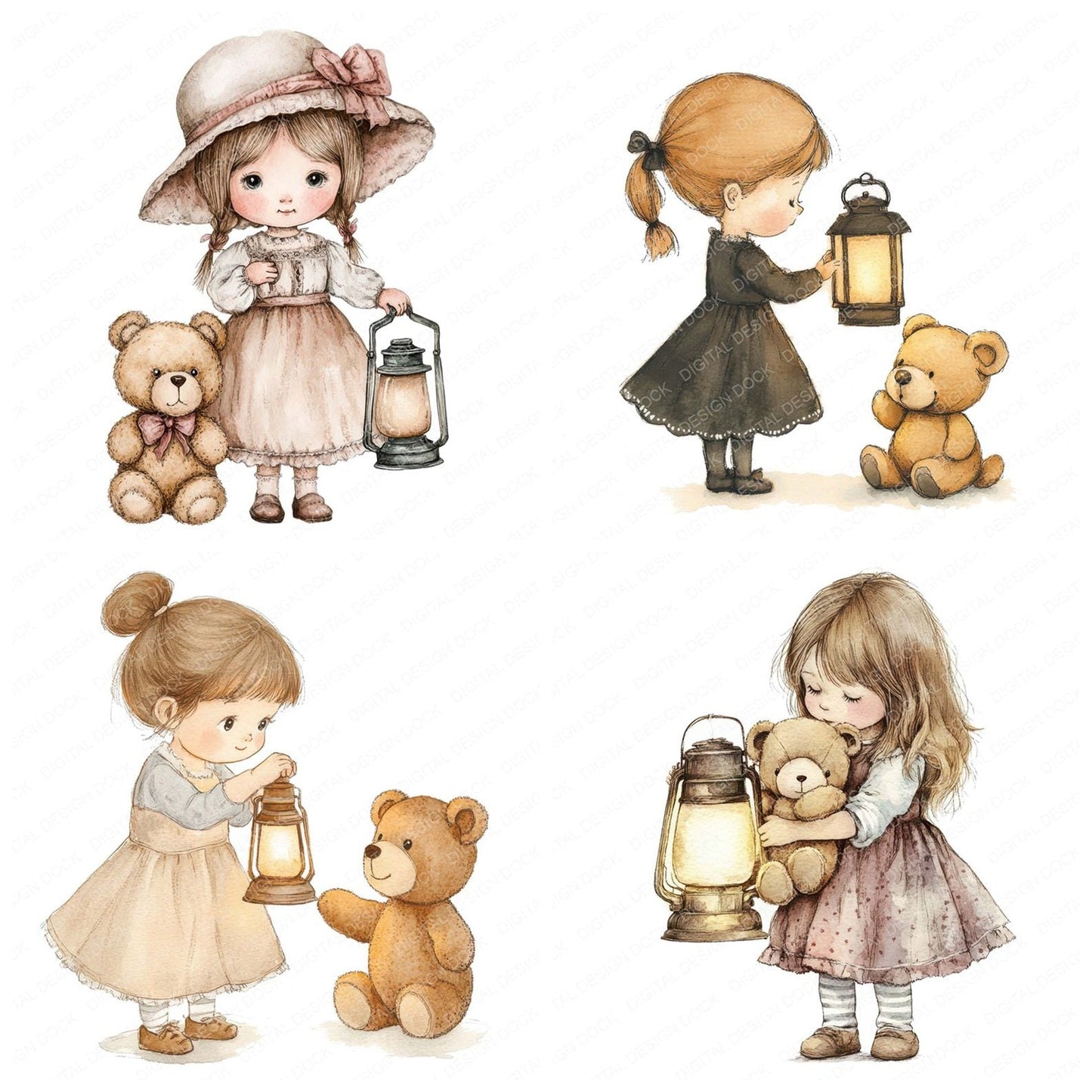 Girl with Lantern and Teddy Clipart Set (DDD005710)