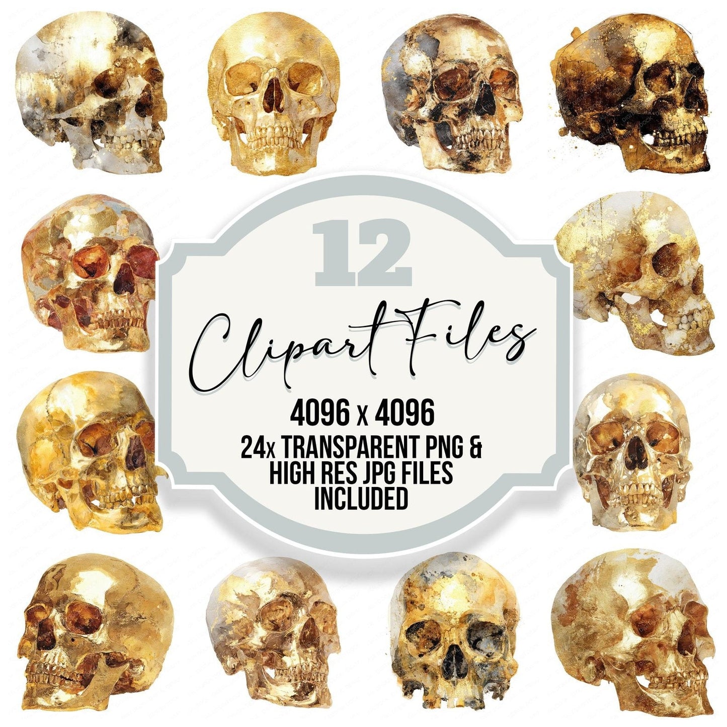 Golden Watercolour Skull Clipart Set (DDD005726)