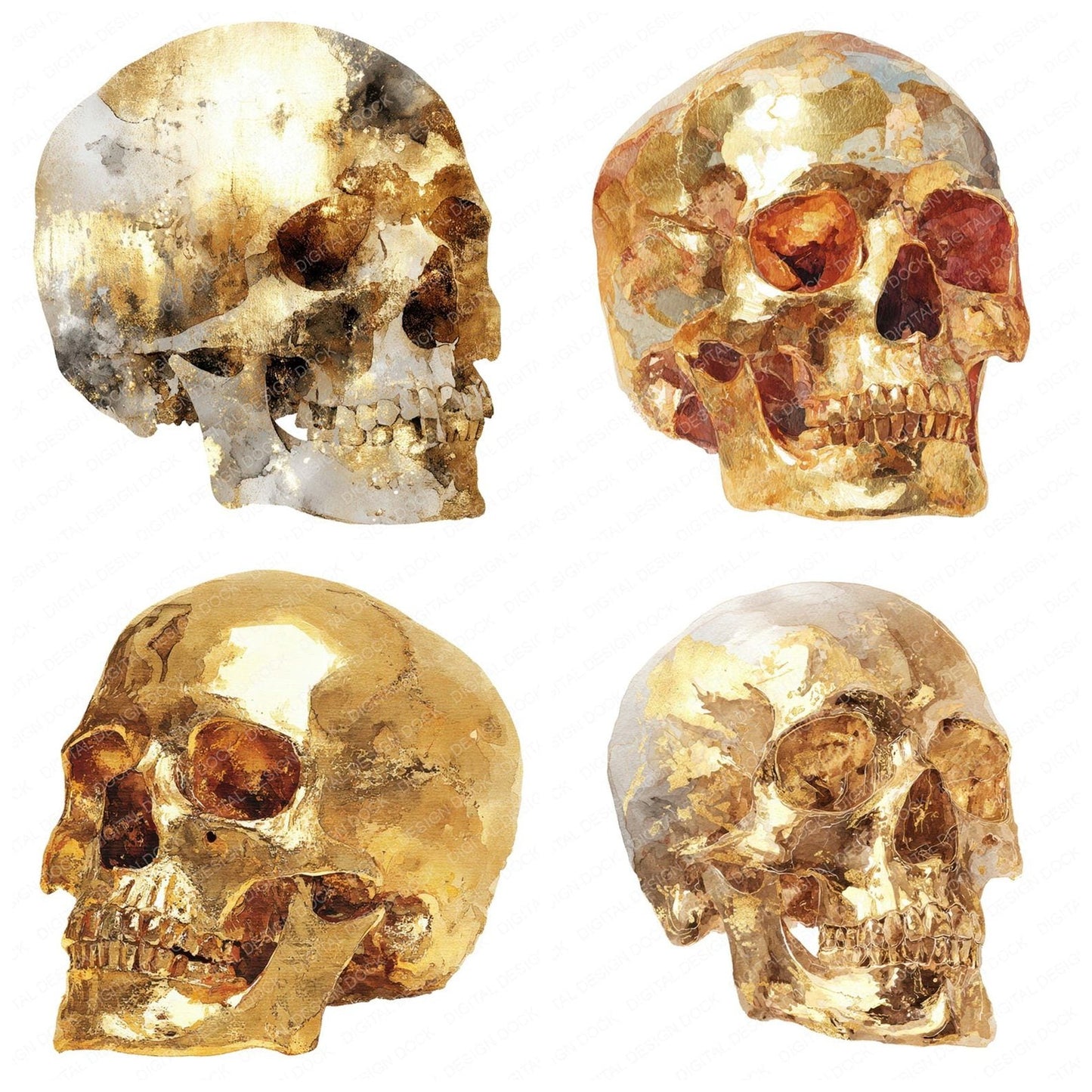 Golden Watercolour Skull Clipart Set (DDD005726)