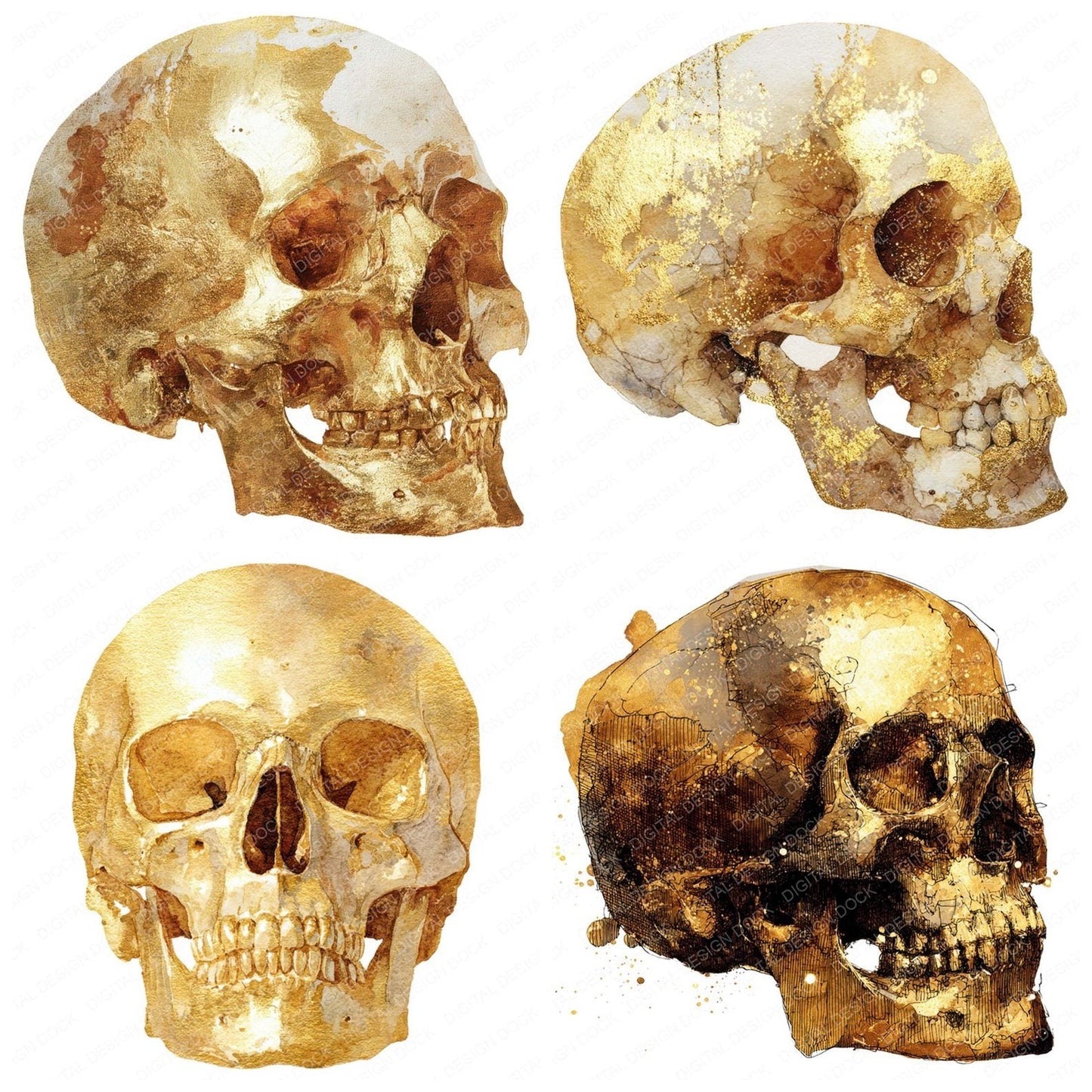 Golden Watercolour Skull Clipart Set (DDD005726)