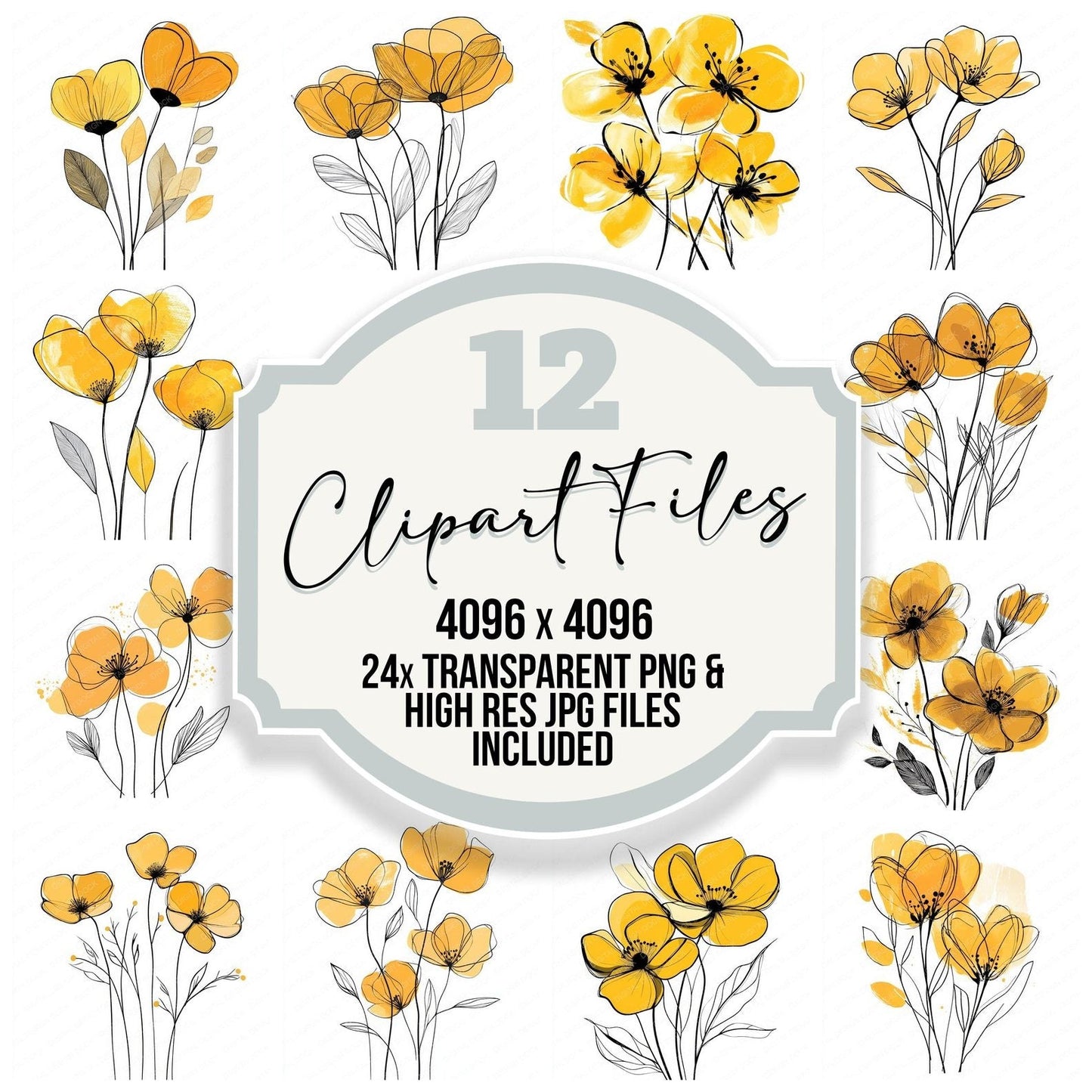Golden Yellow Abstract Flowers Clipart Set (DDD005727)
