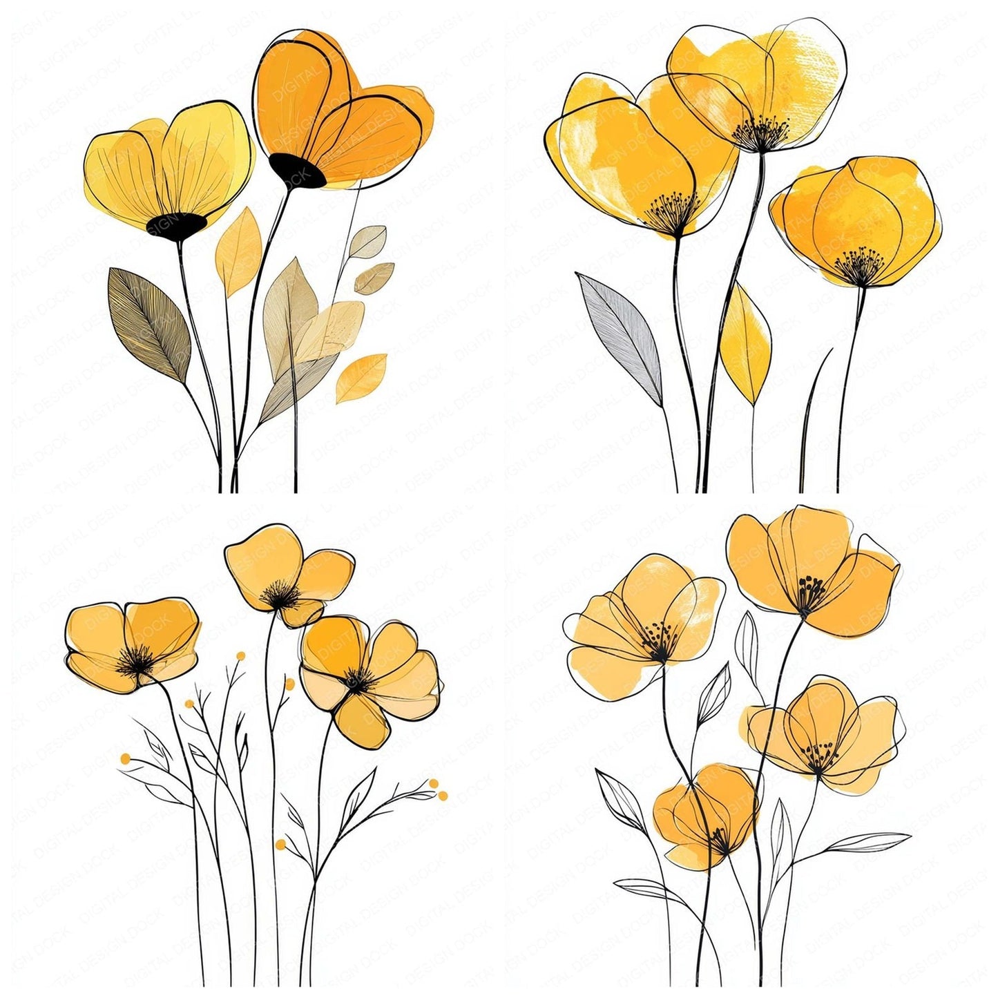 Golden Yellow Abstract Flowers Clipart Set (DDD005727)