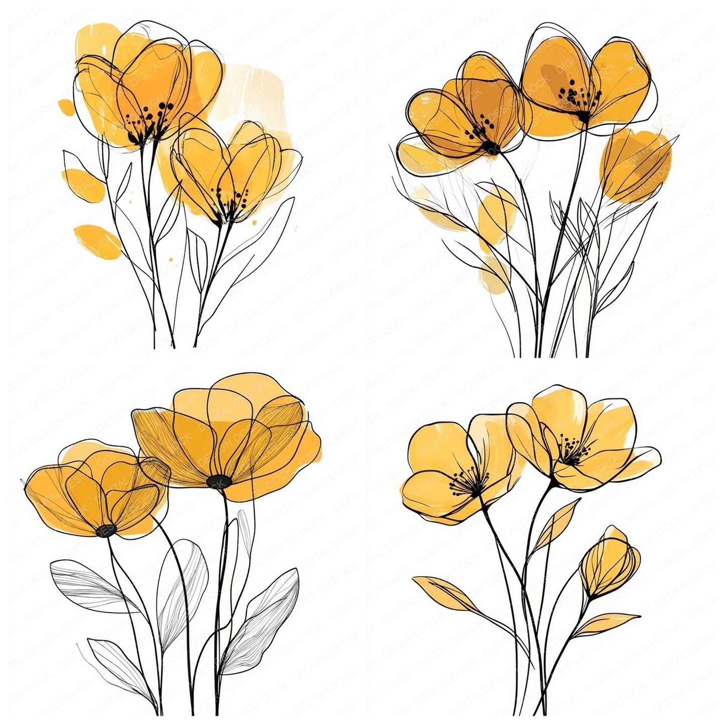 Golden Yellow Abstract Flowers Clipart Set (DDD005727)