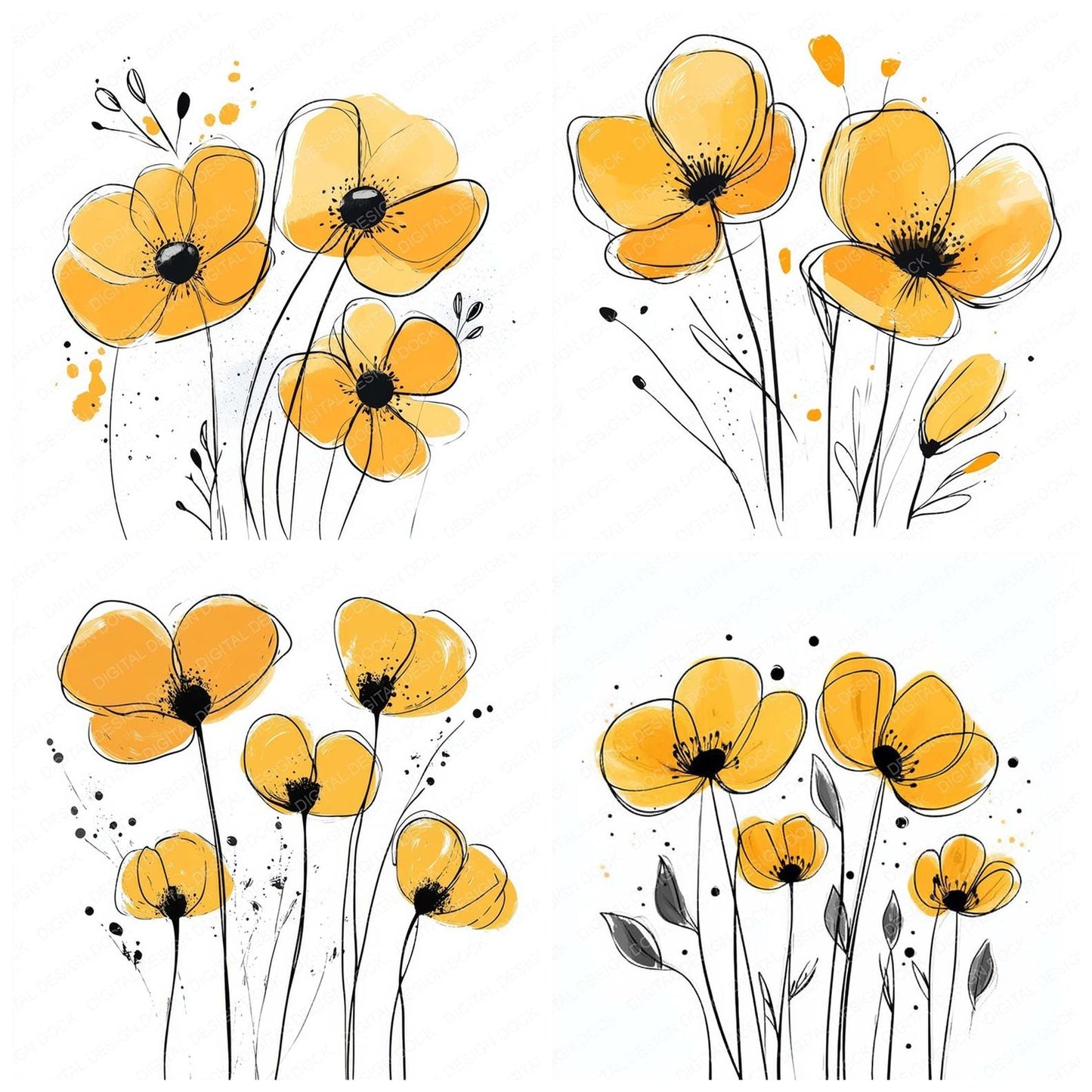 Goldenrod Yellow Abstract Flowers Clipart Set (DDD005728)