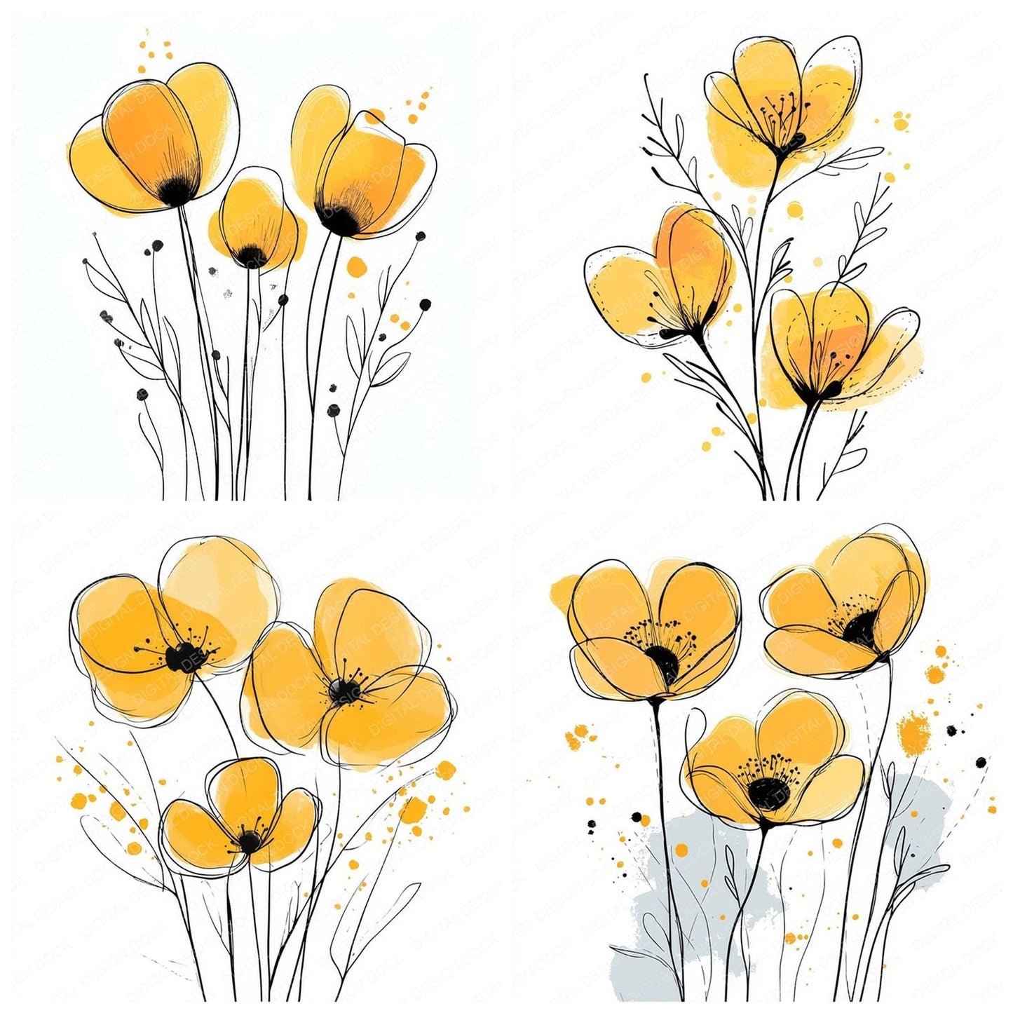 Goldenrod Yellow Abstract Flowers Clipart Set (DDD005728)
