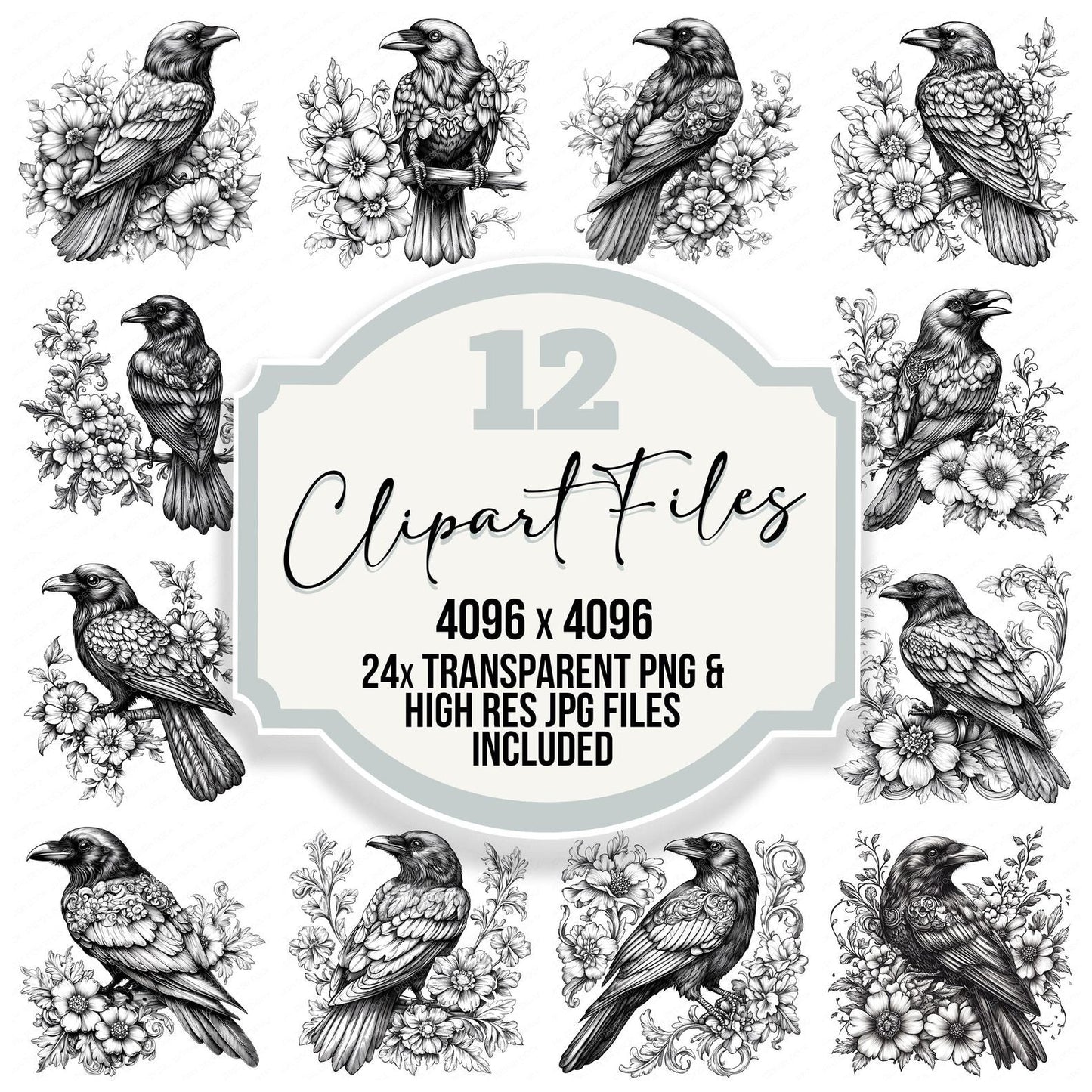 Gothic Raven Drawing Clipart Set (DDD005741)