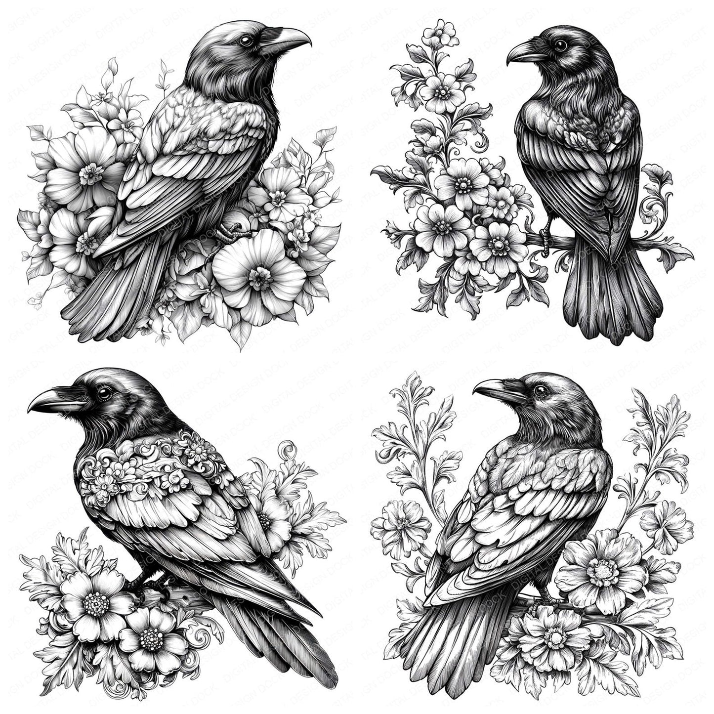 Gothic Raven Drawing Clipart Set (DDD005741)