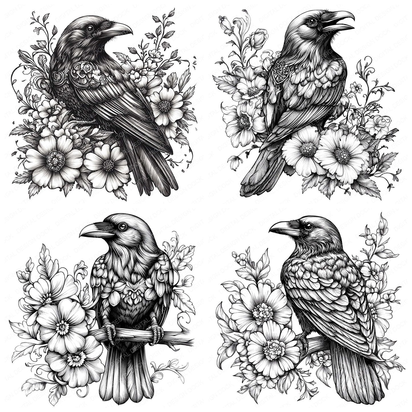 Gothic Raven Drawing Clipart Set (DDD005741)