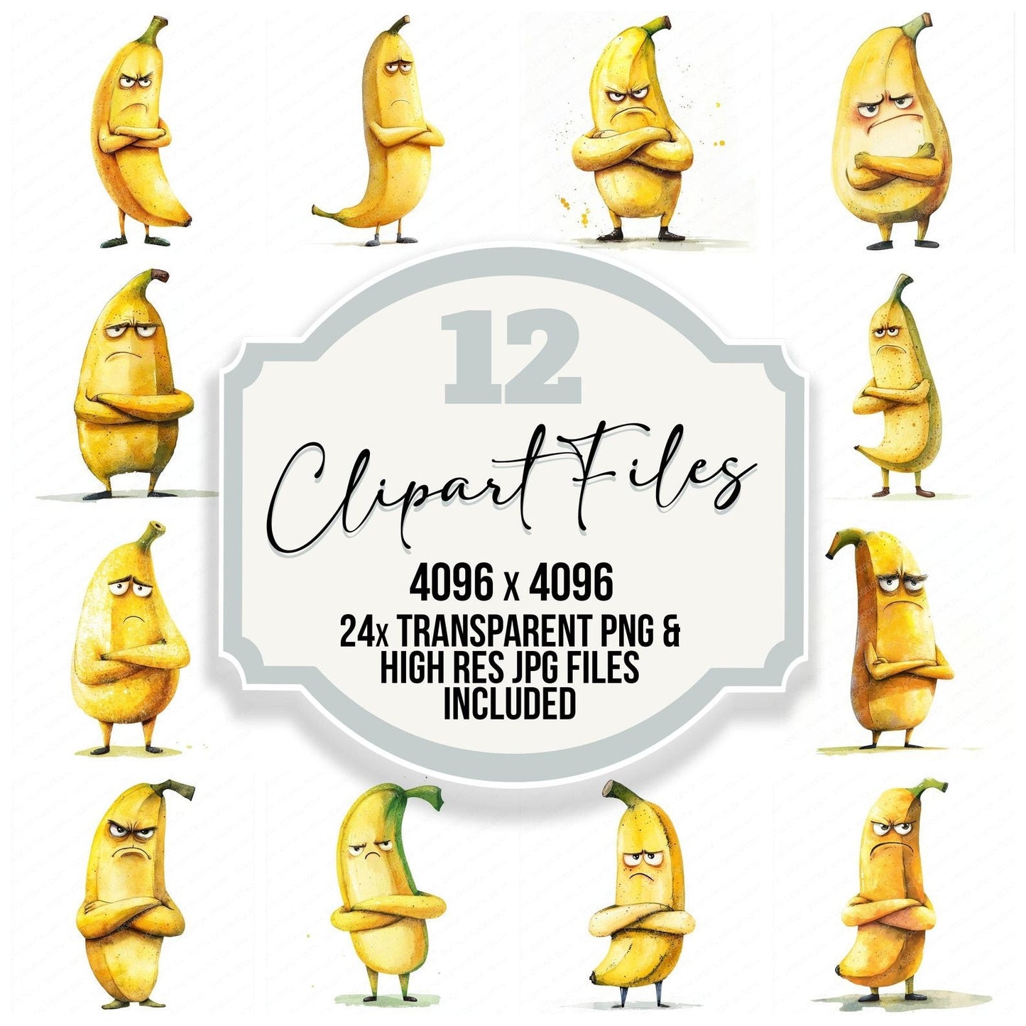 Grumpy Watercolour Banana Clipart Set (DDD005756)