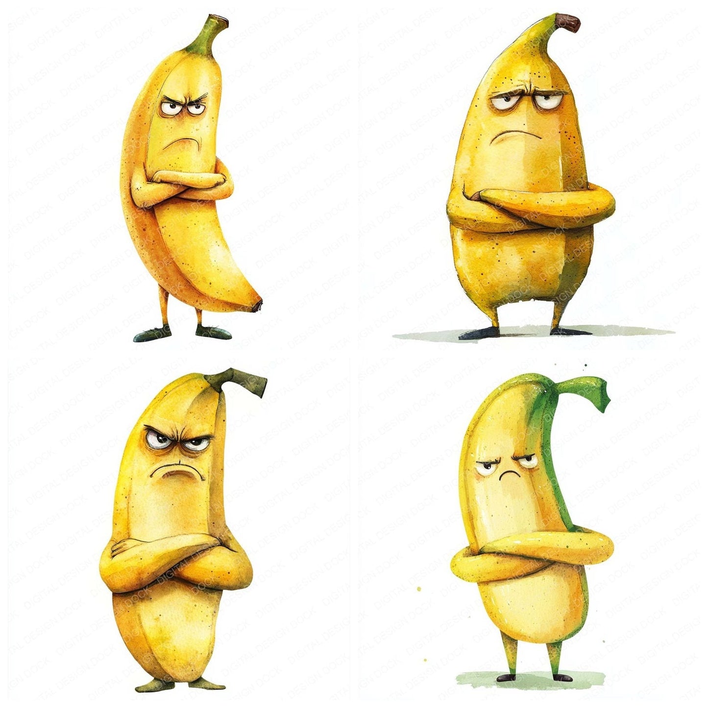 Grumpy Watercolour Banana Clipart Set (DDD005756)