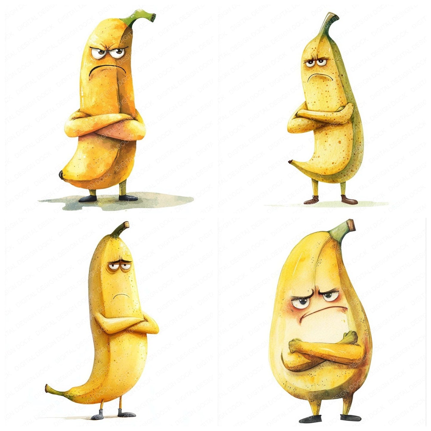 Grumpy Watercolour Banana Clipart Set (DDD005756)