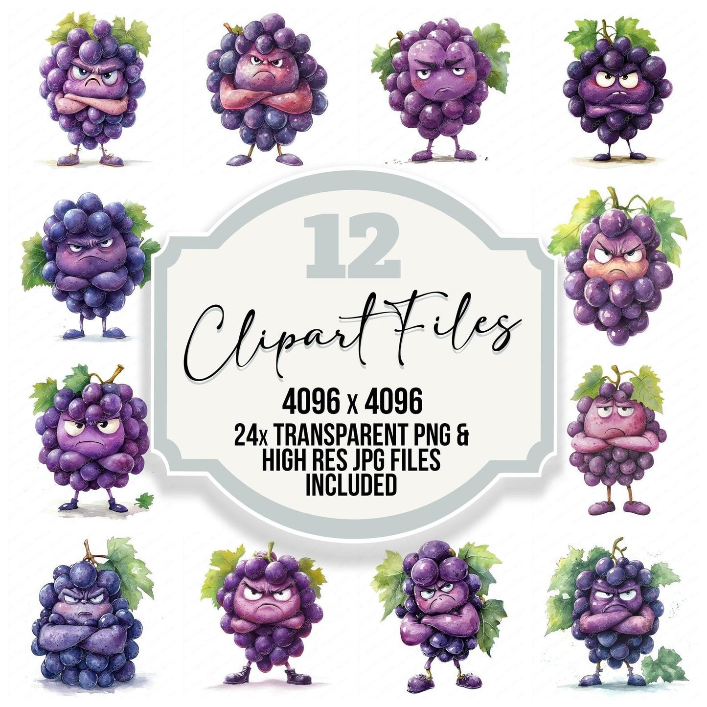 Grumpy Watercolour Grapes Clipart Set (DDD005759)