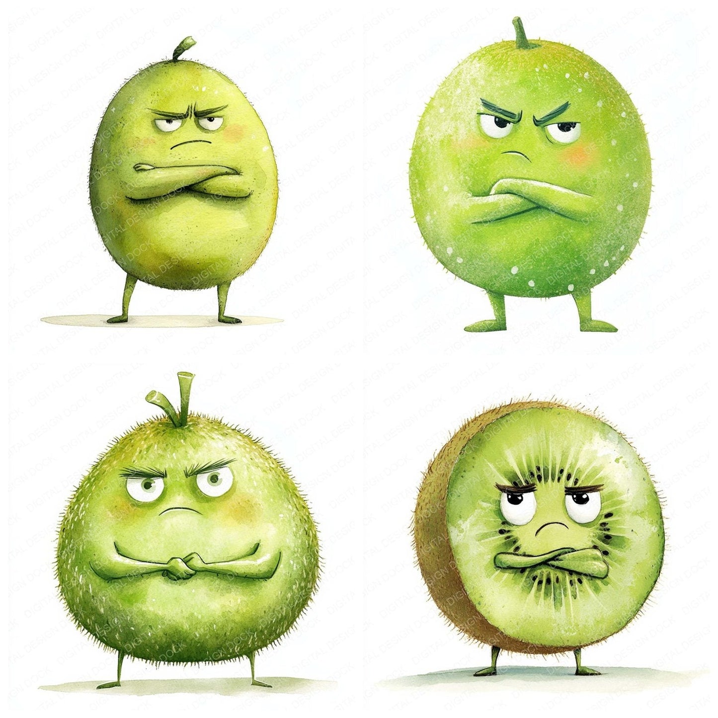 Grumpy Watercolour Kiwi Clipart Set (DDD005760)