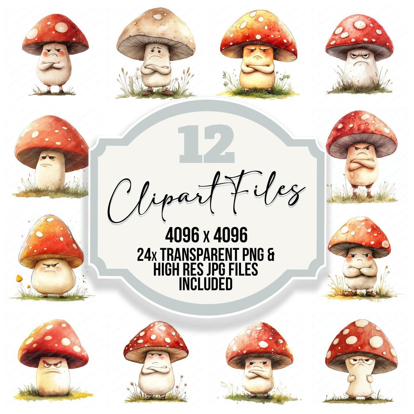 Grumpy Watercolour Mushroom Clipart Set (DDD005761)