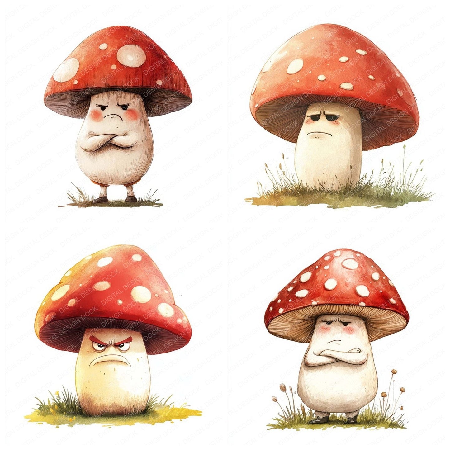 Grumpy Watercolour Mushroom Clipart Set (DDD005761)