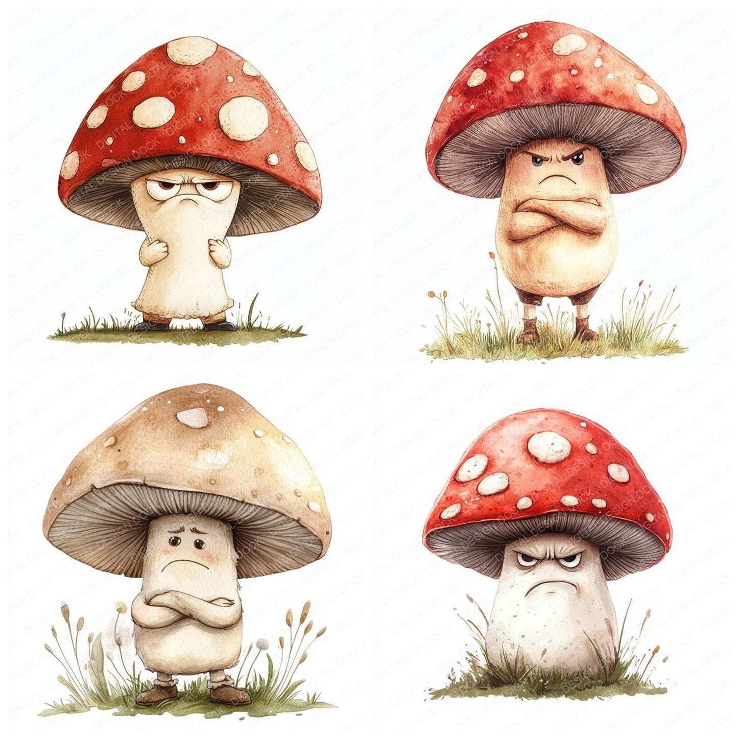 Grumpy Watercolour Mushroom Clipart Set (DDD005761)