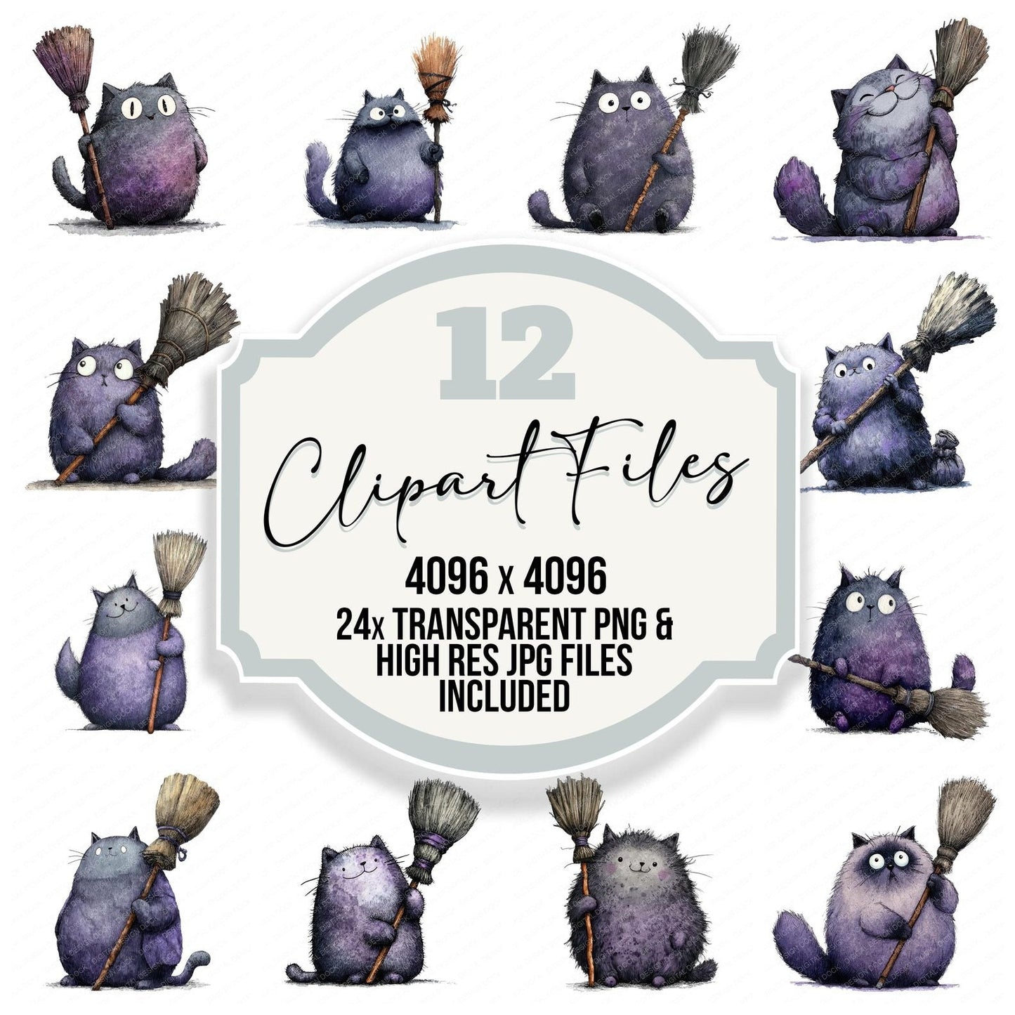 Halloween Watercolour Cat Broom Clipart Set (DDD005773)