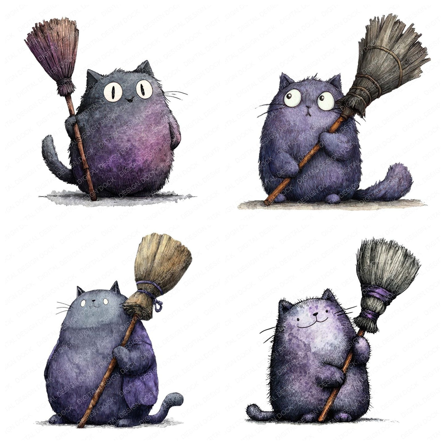 Halloween Watercolour Cat Broom Clipart Set (DDD005773)