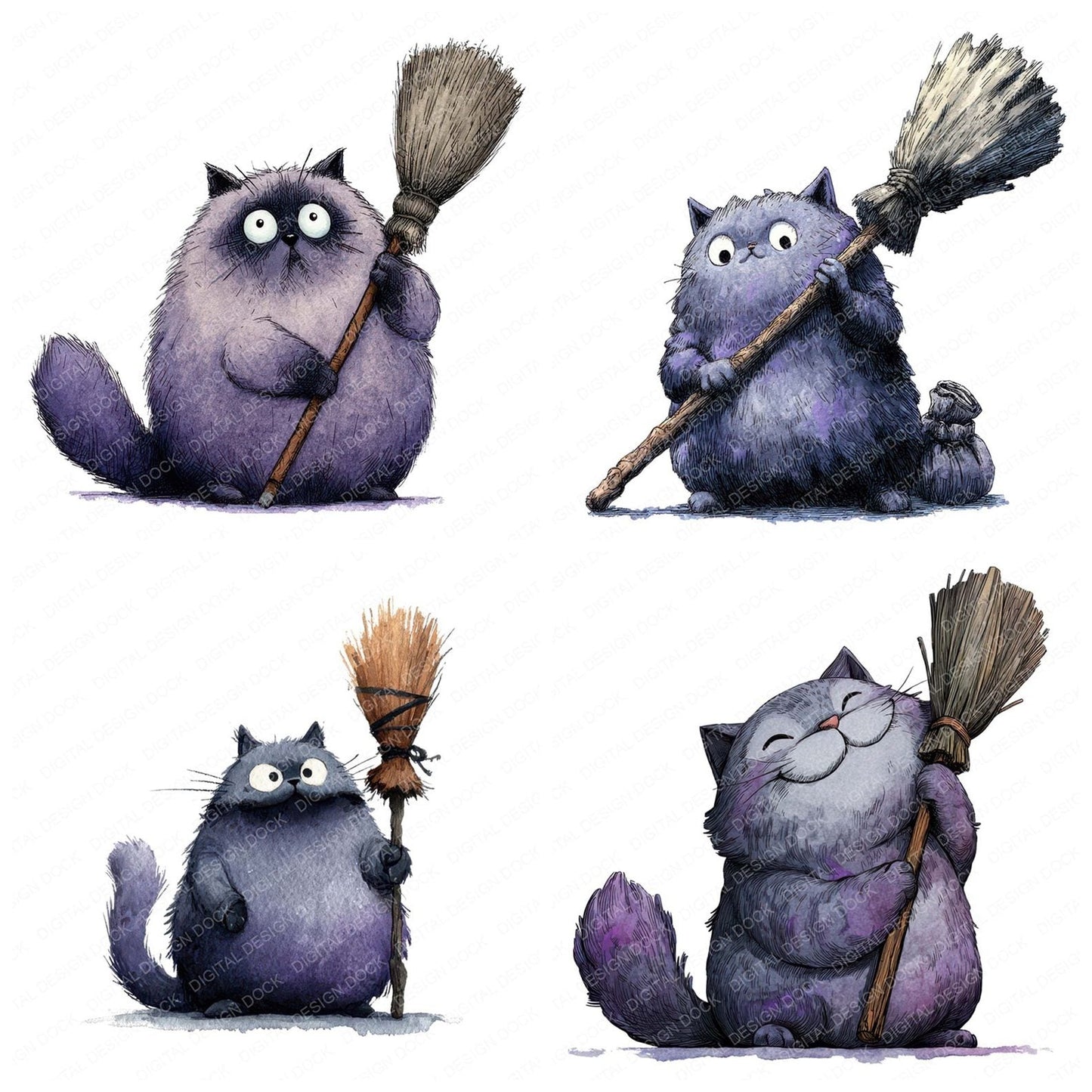 Halloween Watercolour Cat Broom Clipart Set (DDD005773)
