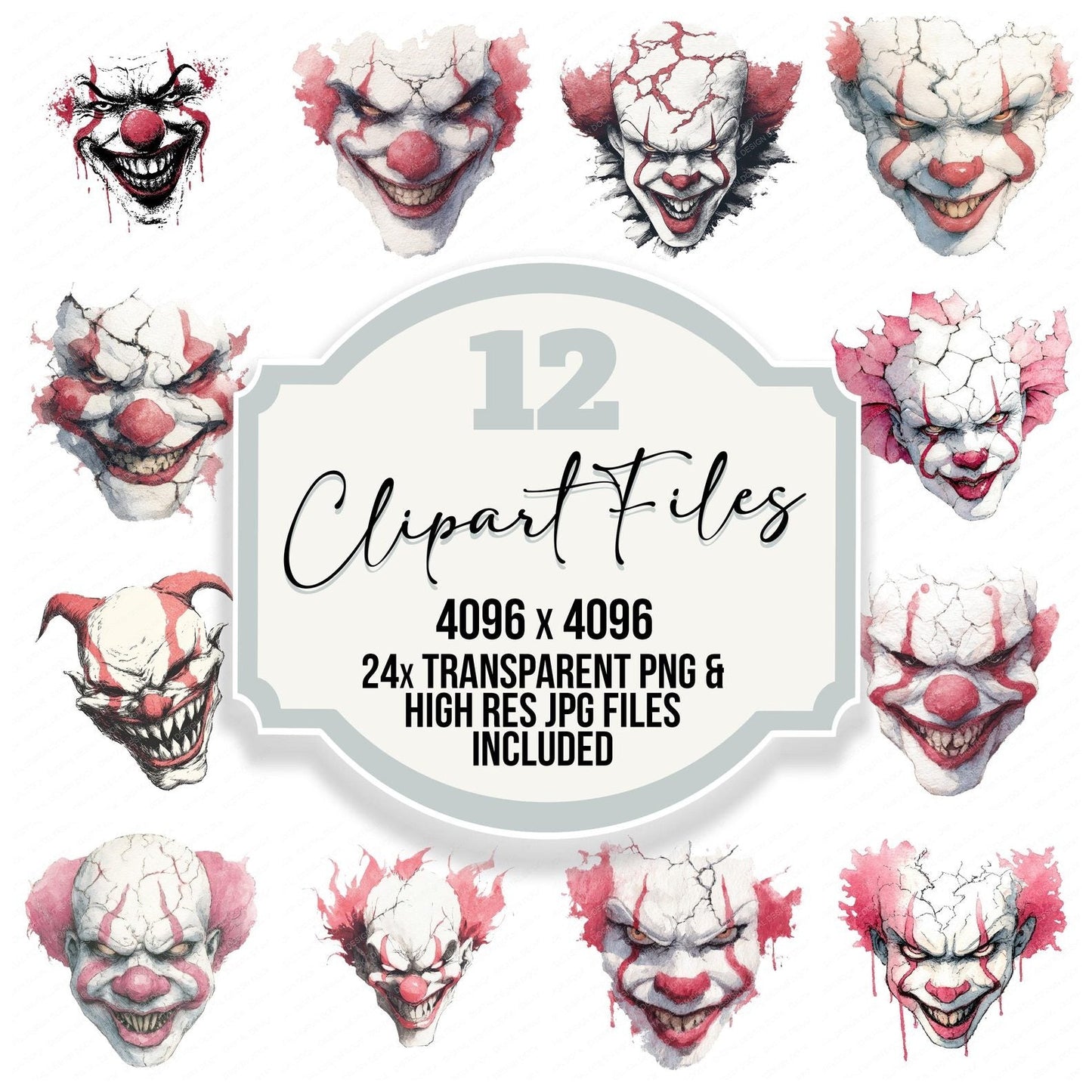 Halloween Watercolour Evil Clown Clipart Set (DDD005779)
