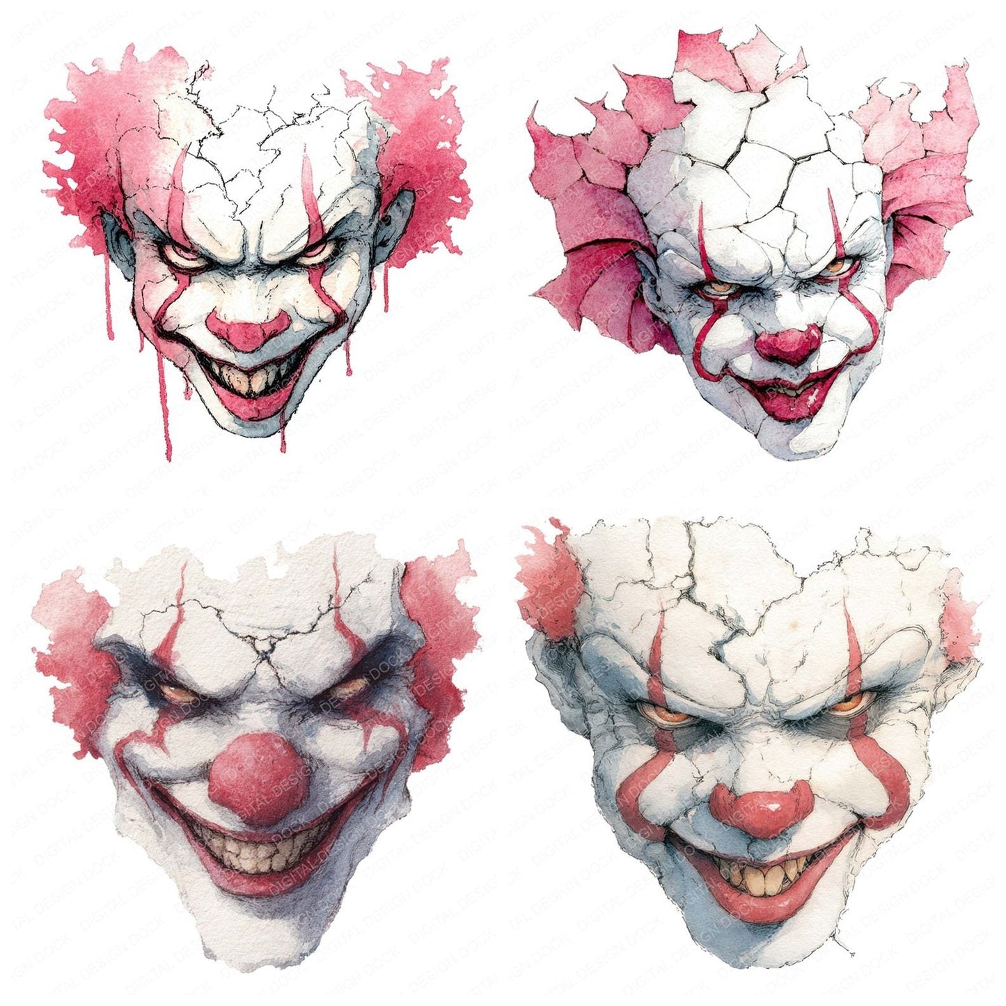 Halloween Watercolour Evil Clown Clipart Set (DDD005779)