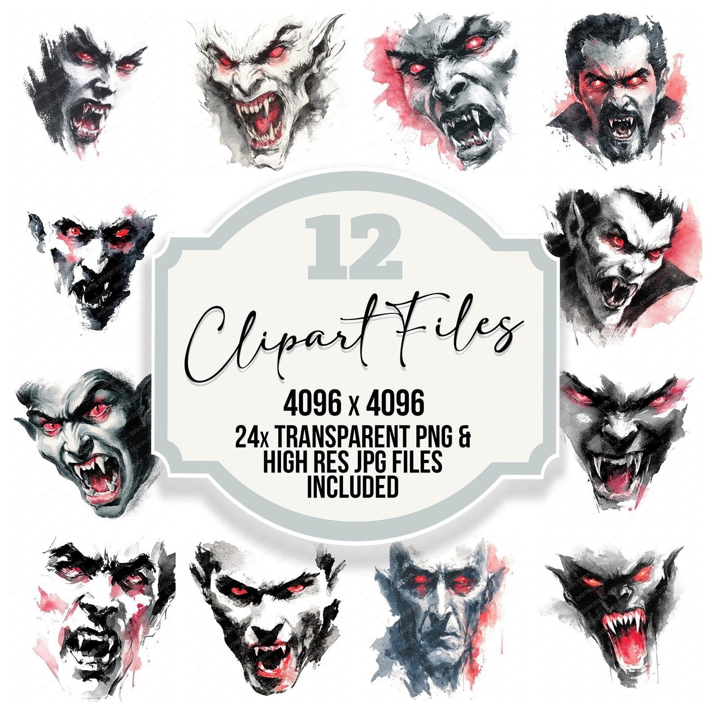 Halloween Watercolour Vampire Portrait Clipart Set (DDD005803)