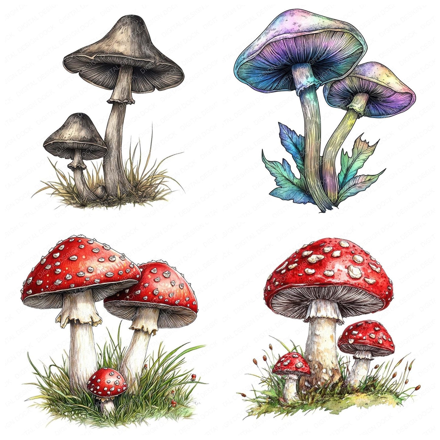 Hand Drawn Mushrooms Clipart Set (DDD005807)